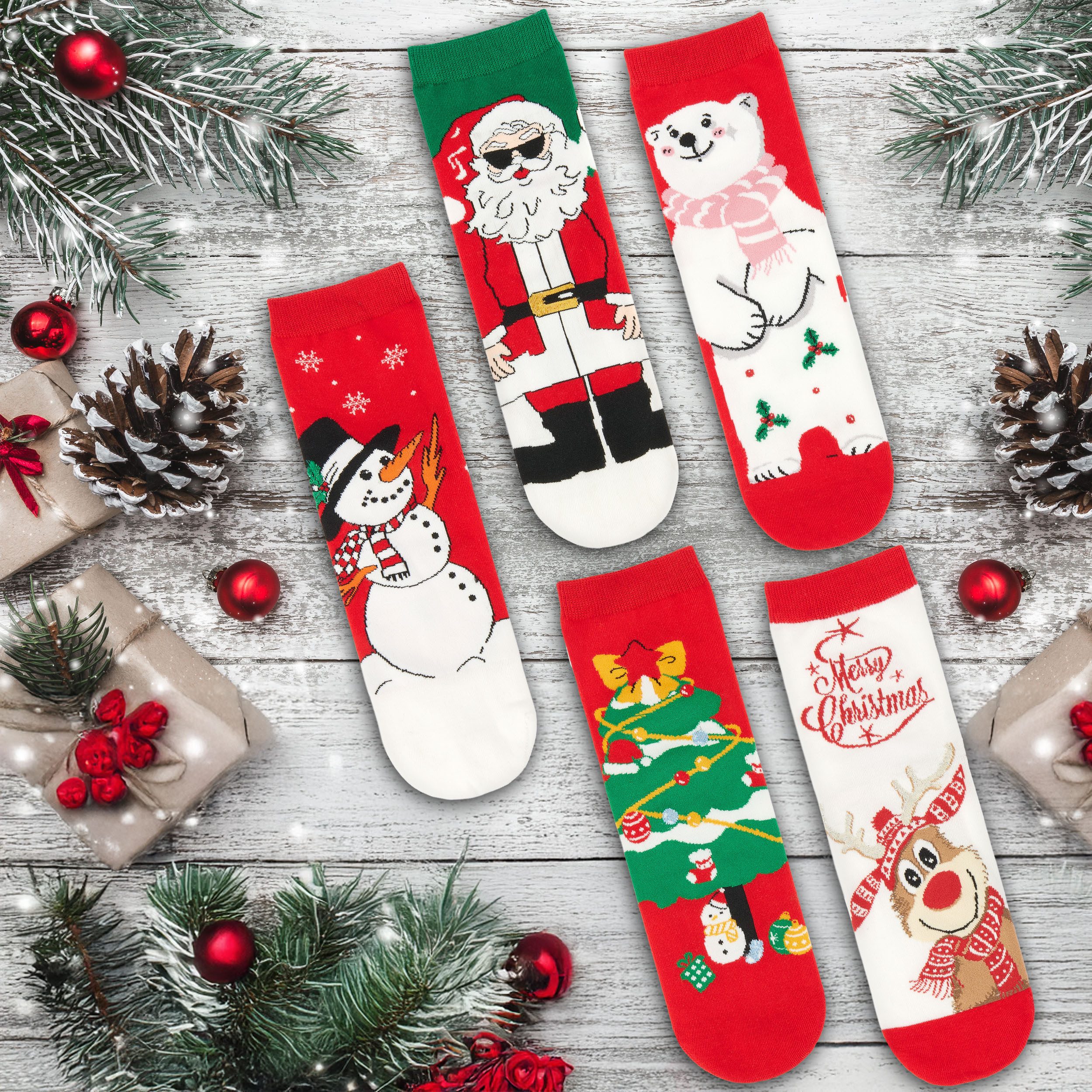 BRUBAKER Socken Damen Weihnachtssocken - Weihnachtsmann, Eisbär und Weihnachtsbaum (Bunte Baumwollsocken für Frauen - Geschenkset, 5-Paar, Kuschelsocken mit humorvollen Sockenmotiven) Lustige Damensocken für Weihnachten & Nikolaus