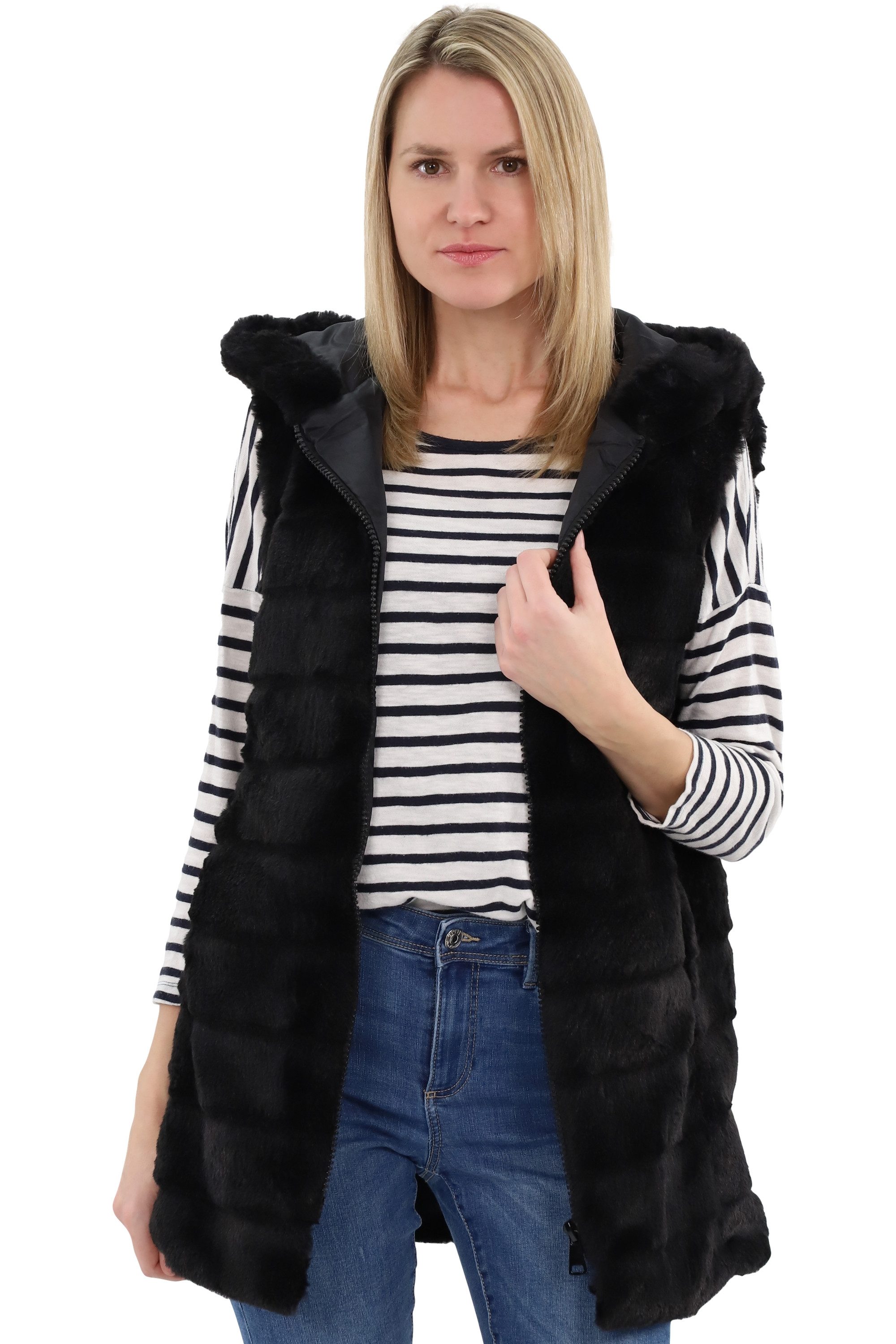 malito more than fashion Longweste malito Damen Longweste mit Kapuze, gerippte Weste aus Kunstpelz, mit Kapuze