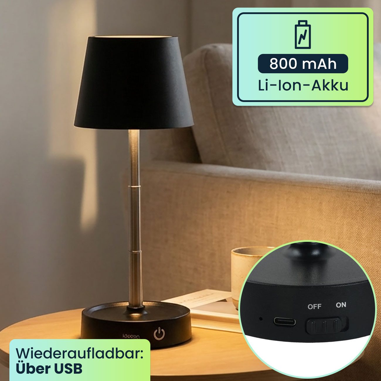 shop'n smile ideoon LED Tischleuchte Dimmbare LED-Tischleuchte mit Akku Nachttischlampe höhenverstellbar, LED fest integriert, Stufenlos dimmbar, höhenverstellbar 11,5 bis 28,5cm & IP44