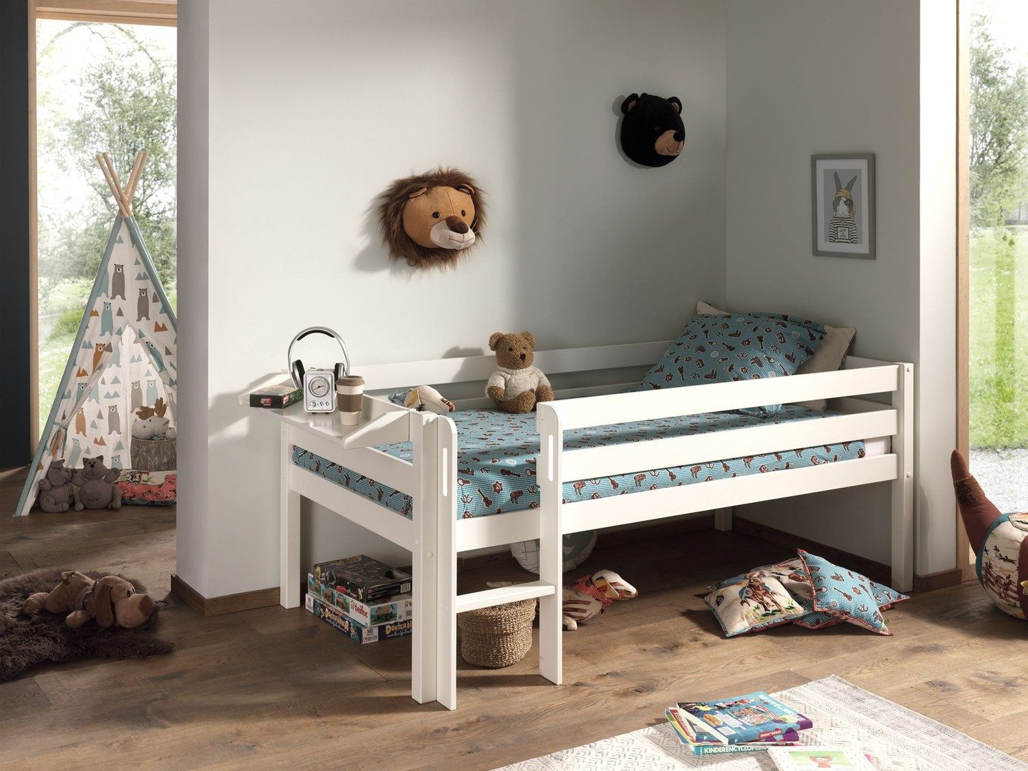 Natur24 Einzelbett Kojen-Spielbett Liegefläche 90 x 200 cm Leiter Rolllattenrost Weiß