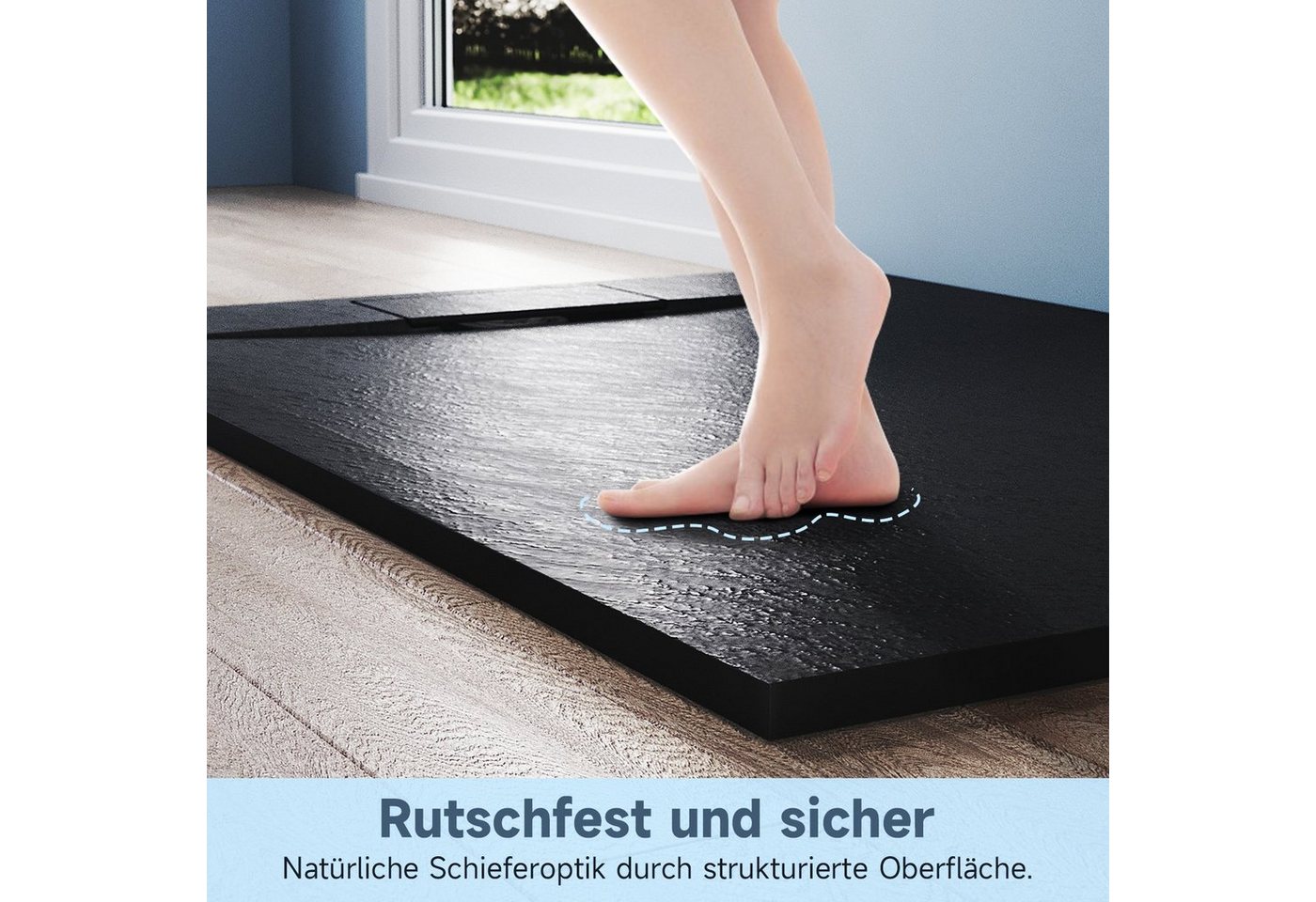 Thumbnail - SONNI Walk-in-Dusche Duschtasse, 120cm / 140cm, mit Siphon, für Duschkabine, Weiß / Schwarz, Schieferoptik, SMC,Antiruts...