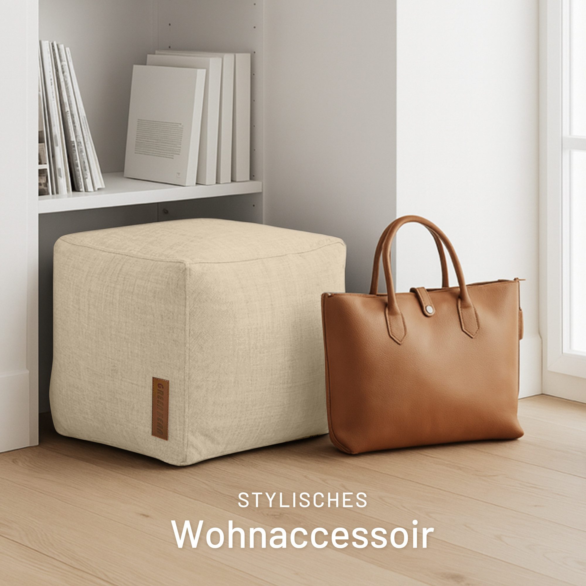 Green Bean Pouf Cube Linen (Indoor Sitzhocker Sitzkissen Fußhocker Relax-Sessel, Made in Germany), die ideale Ergänzung zum Sitzsack