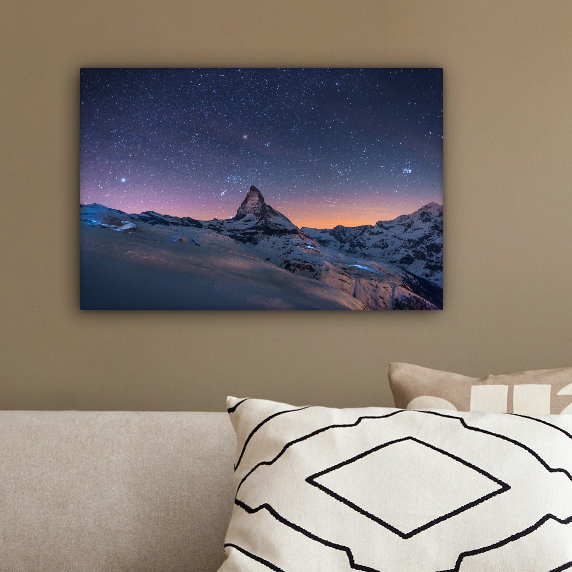 Wandbild OneMillionCanvasses® im Aufhängefertig, Wanddeko, Schweizer Leinwandbild Leinwandbilder, (1 St), Landschaft der Nacht über Winter cm 30x20 des Matterhorns,