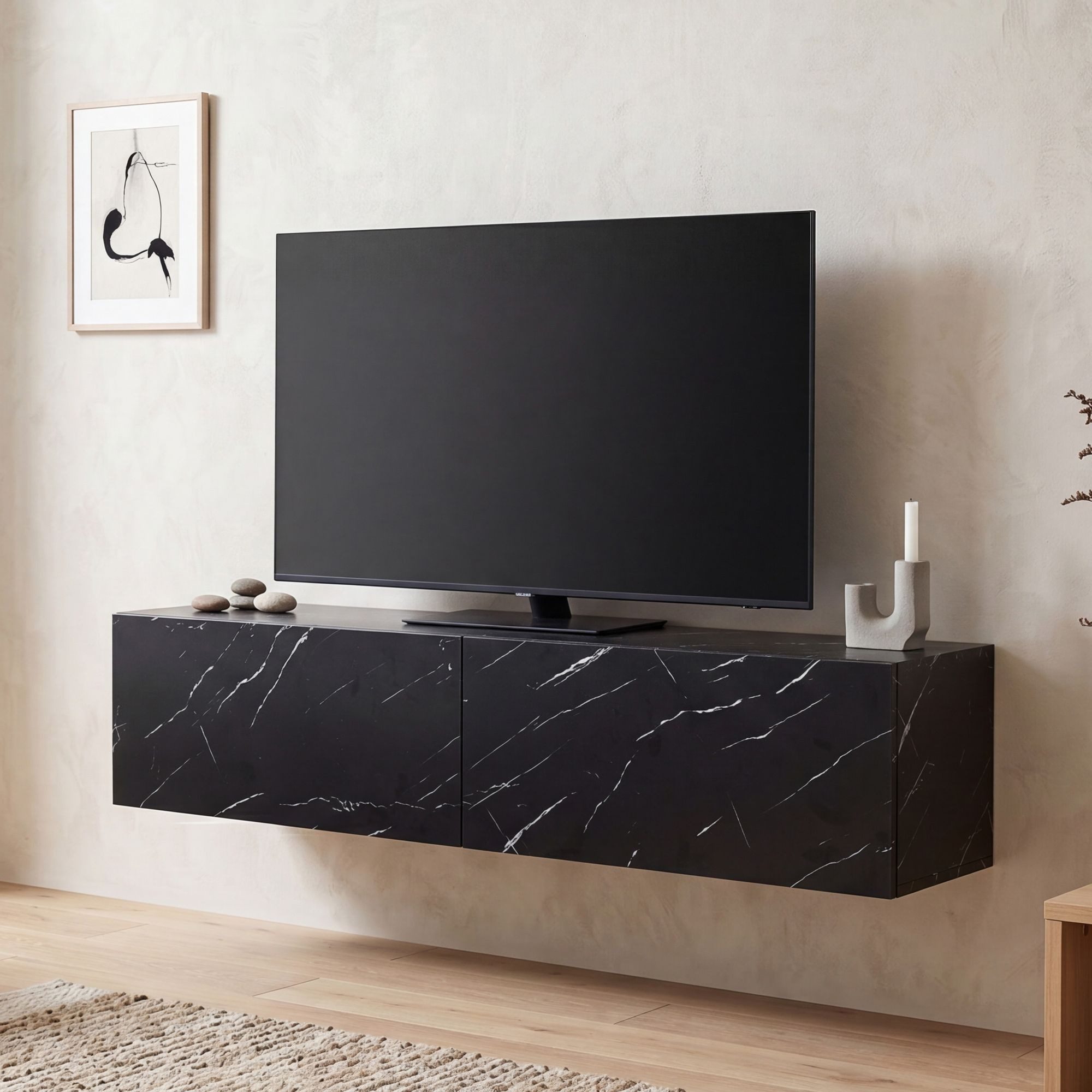FINEBUY Lowboard FB58626 TV Schrank Hängend 120 cm Marmor-Optik TV-Kommode Klapptür (Marmor-Optik Schwarz 120x30x30 cm mit zwei Türen), TV-Kommode Hoch, TV-Schrank Modern, Fernsehtisch