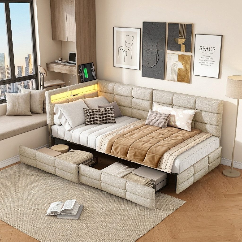 Simurq Polsterbett Polsterbett Einzelbett Daybett Tagesbett 90x200 cm (inkl. Lattenrost, Ohne Matratze), 2 Schubladen, mit USB + Type-C, LED-Beleuchtung, Leinen, Beige