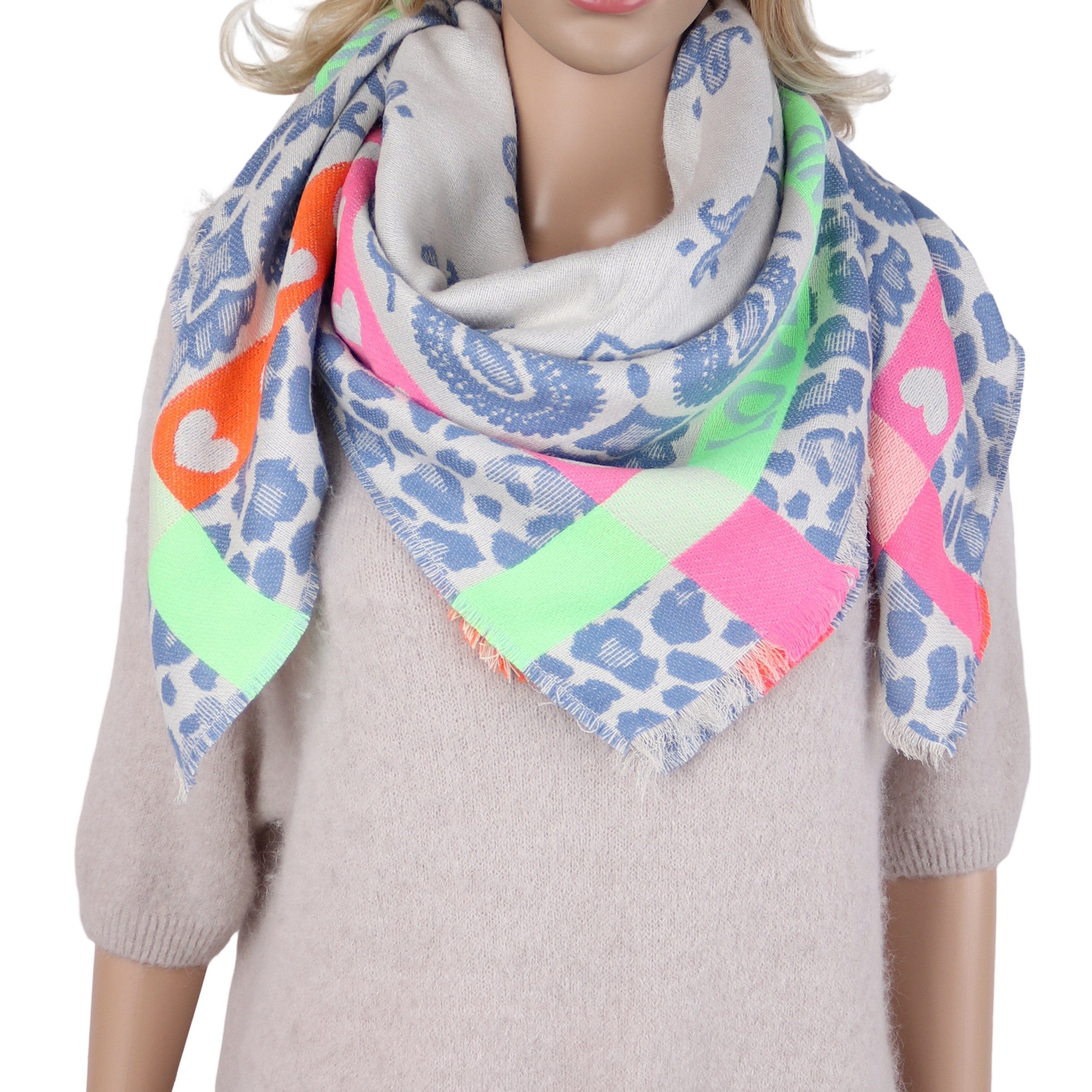 MIRROSI Halstuch Damen Schal Eckig 105x105 cm – Paisley-Muster, Leo-Bordüre, (Neue Kollektion Herbst/Winter 2026), Winter Schal mit LOVE AND HAPPINESS Schriftzug
