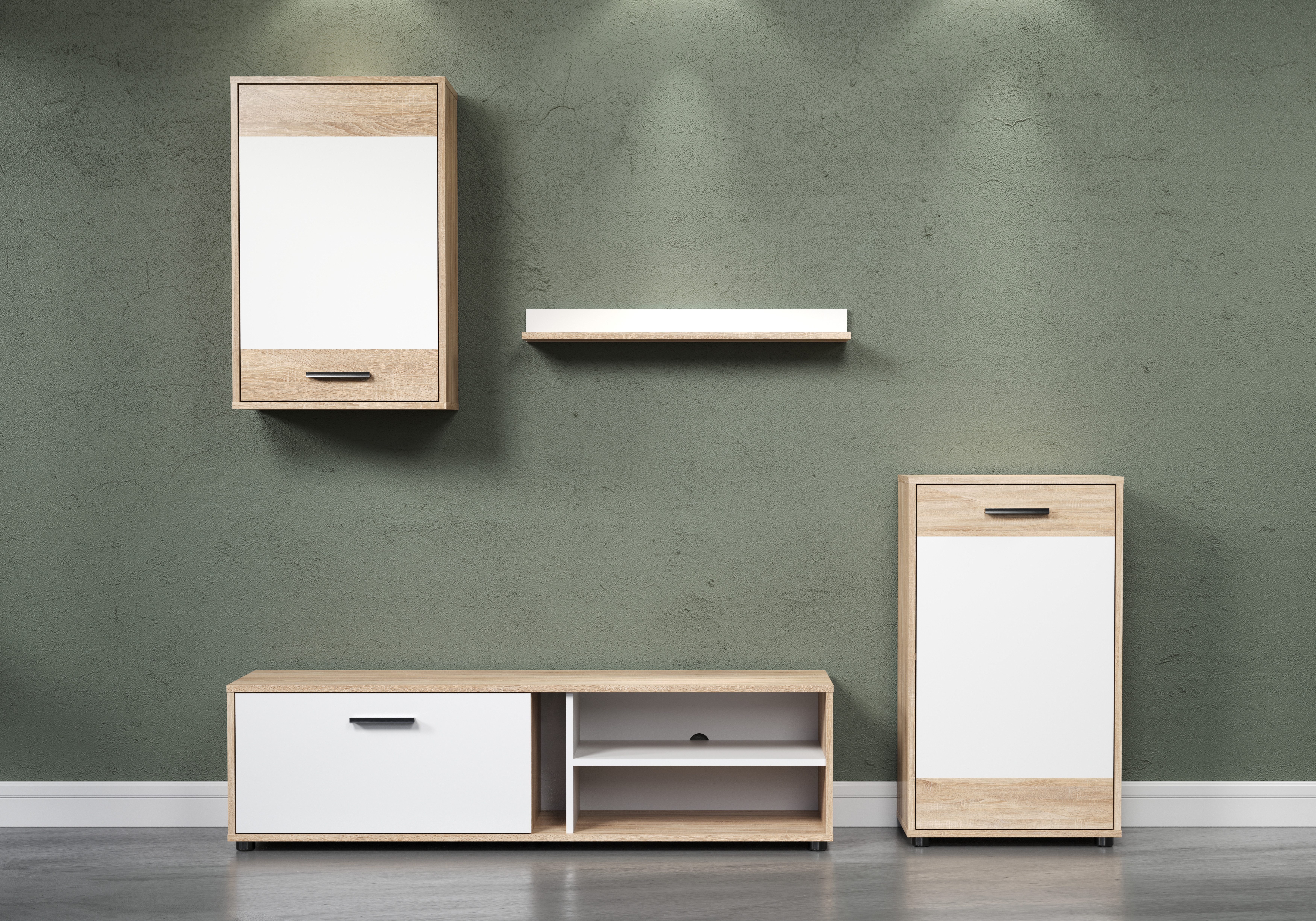 Home affaire Wohnwand Valetta inkl. TV-Kommode, Hänge-Vitrine, Sideboard und Wandregal, (Komplett-Set, 4-St., 4), inkl. Lowboard, Hängeschrank, Wandboard und Highboard