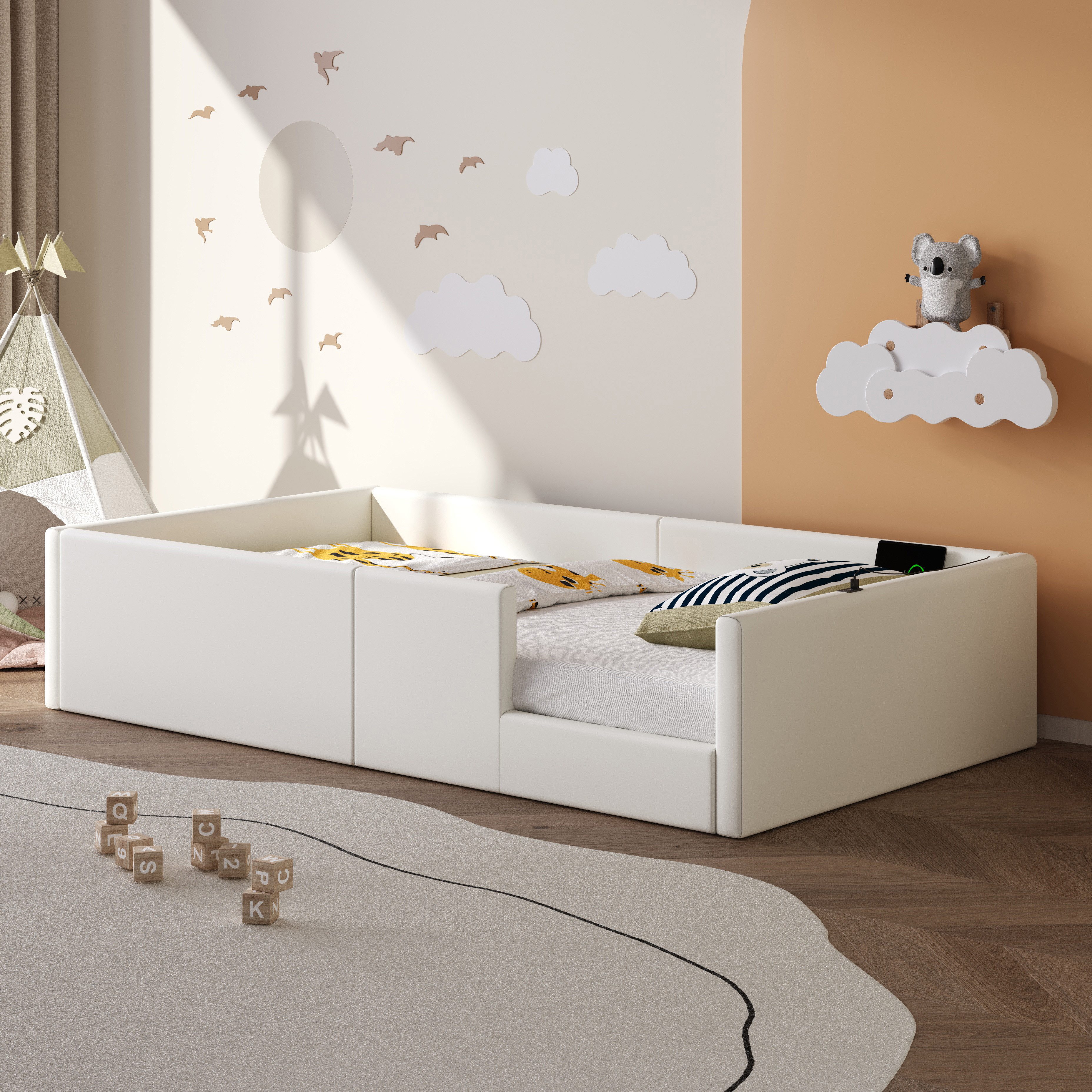 Merax Polsterbett gepolstertes Plattformbett Jugendbett mit USB & Typ-C (1-tlg), Kinderbett 90x200cm mit Schutzgeländer und Holzrahmen, Kunstleder