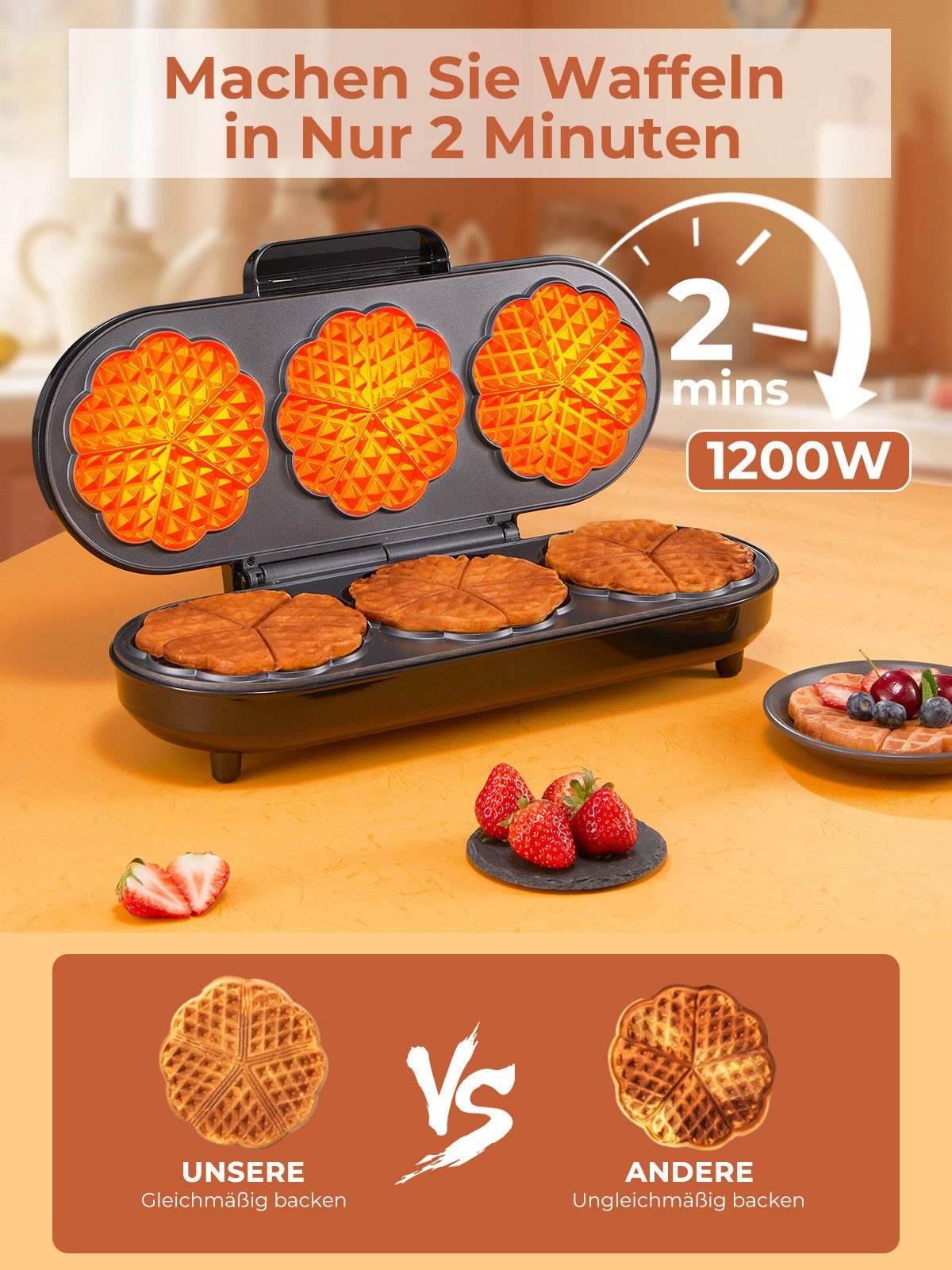 FOHERE Waffeleisen King Size Waffeleisen, 15 Herzwaffeln in 2 Minuten, 1200 W, Antihaftbeschichteten Backflächen für Herzwaffeln, Backampel