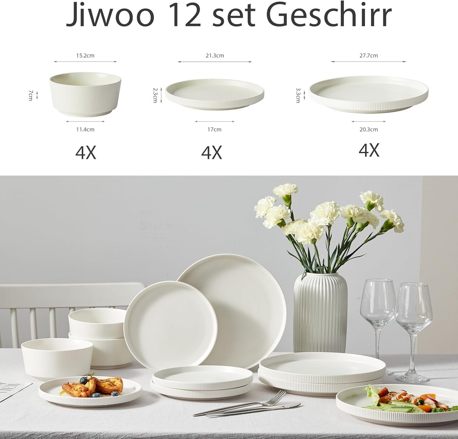 JIWOO Geschirr-Set 12tlg Kombiservice Teller-Set Tafelservice Schüssel-Set Speiseteller (12-tlg), 4 Personen, Keramik, Hochwertiges Geschirr set Weiß Mikrowellen spülmaschinenfest