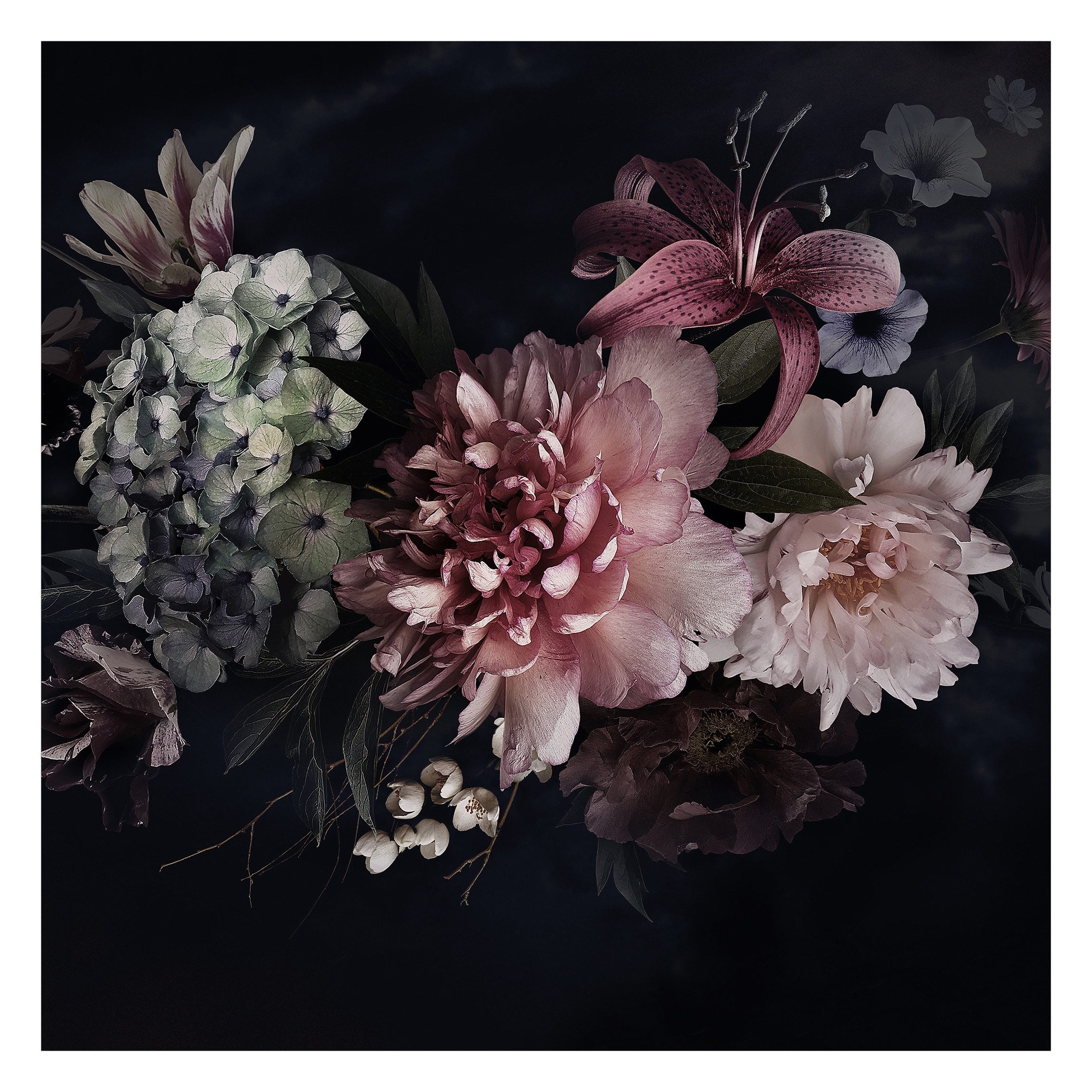 Bilderdepot24 Vliestapete Vintage Blumen Nebel Schwarz Natur Landhausstil Modern Wanddeko, Glatt, Matt, (Vliestapete inkl. Kleister oder selbstklebend), Wohnzimmer Schlafzimmer Küche Flur Fototapete Motivtapete Wandtapete