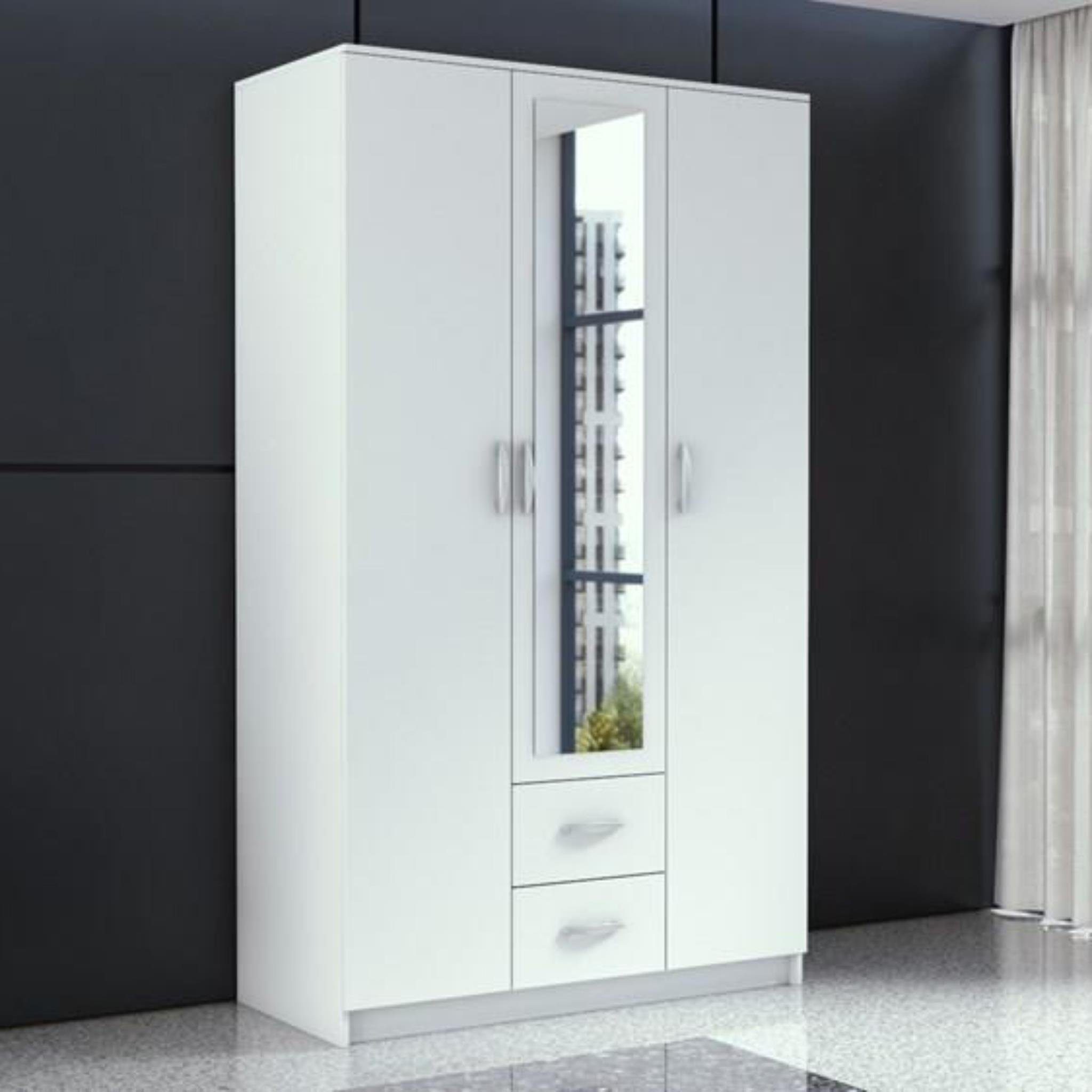 Beautysofa Drehtürenschrank Lucas (inkl. 2 Außenschubkästen, 120 cm Breite Schrank) mit Spiegel, zusätzlichen Böden Weiß