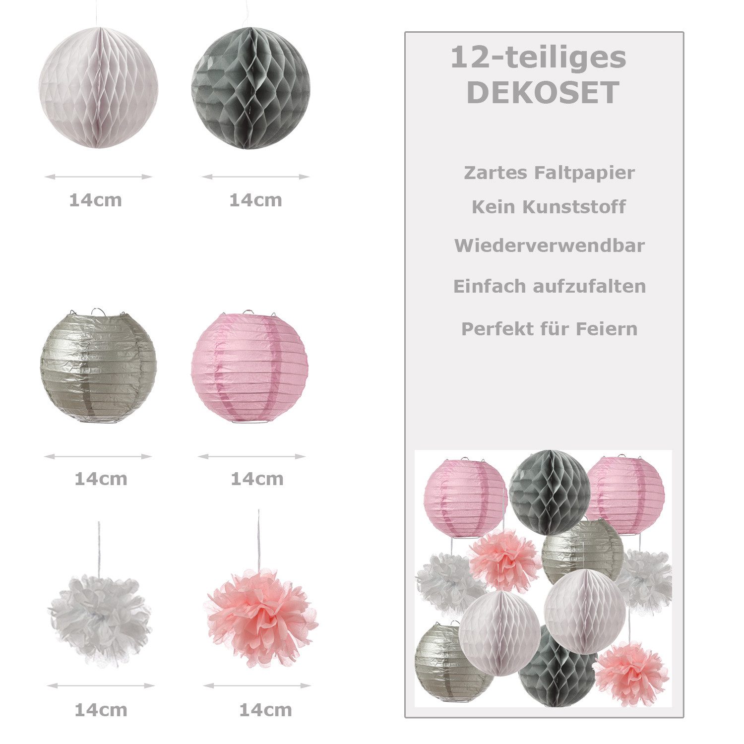 MARELIDA Papierdekoration Partyset Papierdekoration 48-teilig Papierblume Lampions Wabenbälle