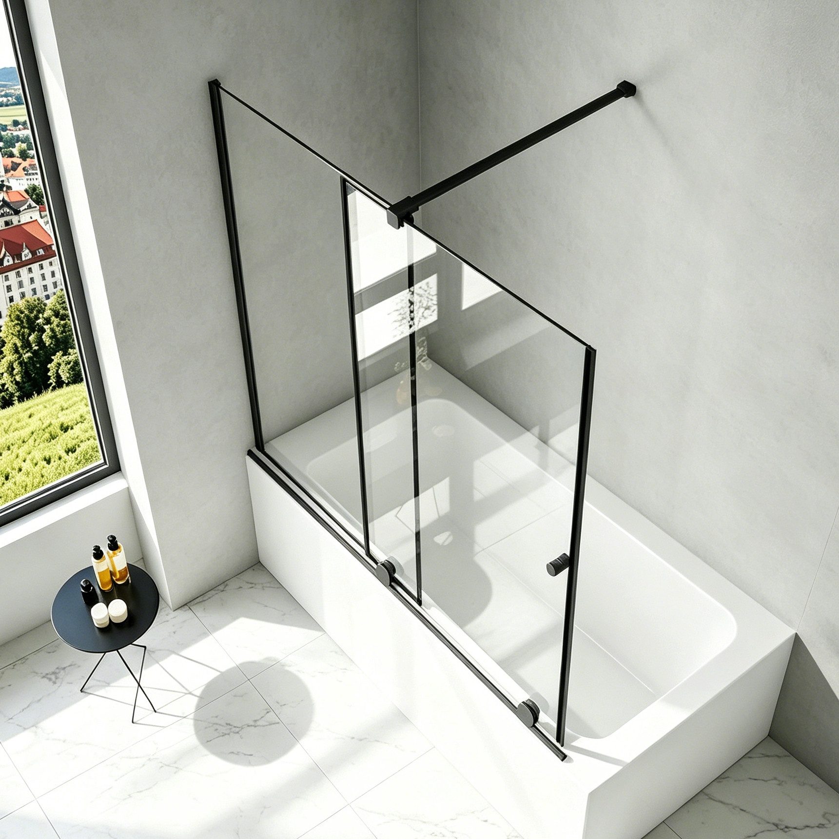 Boromal Badewannenaufsatz Schiebetür Duschtrennwand Glas Schwarz B: 70-115cm, 6mm Sicherheitsglas, (Duschwand für Badewanne Rahmenlos, mit Haltestangen & Türrollen), Rechts-und Links montierbar