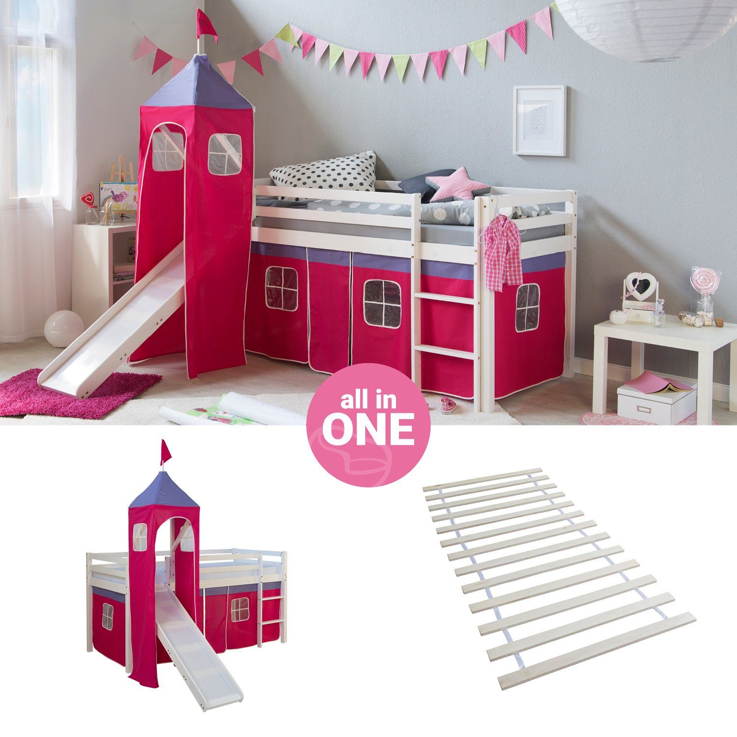Homestyle4u Hochbett 90x200 mit Vorhang Lattenrost Rutsche und Turm in Weiß günstig online kaufen