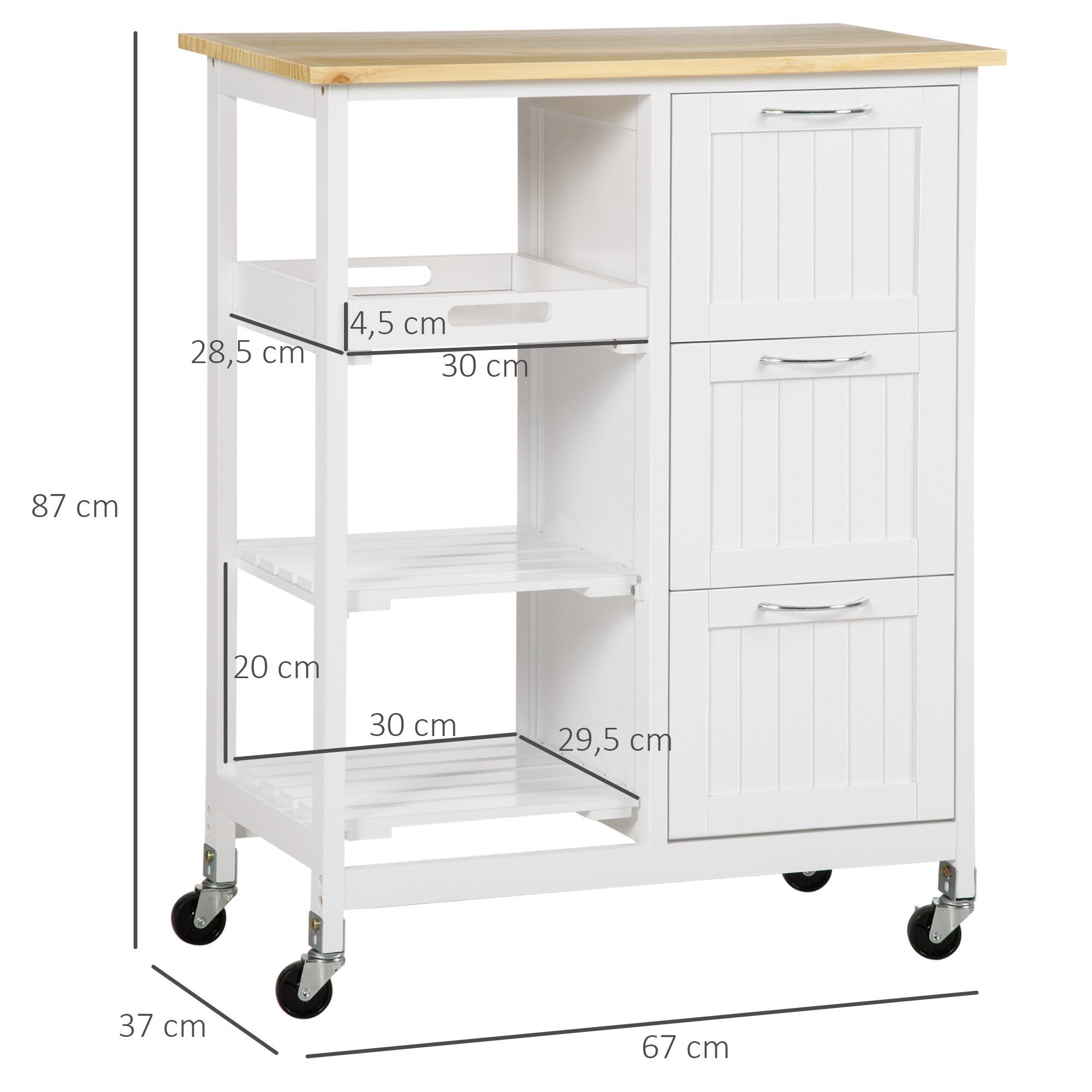 HOMCOM Servierwagen Küchenwagen Mit Rollen 2 Abnehmbare Tabletts, Schublade, Regal Helle Eiche Holz Kiefer Grau