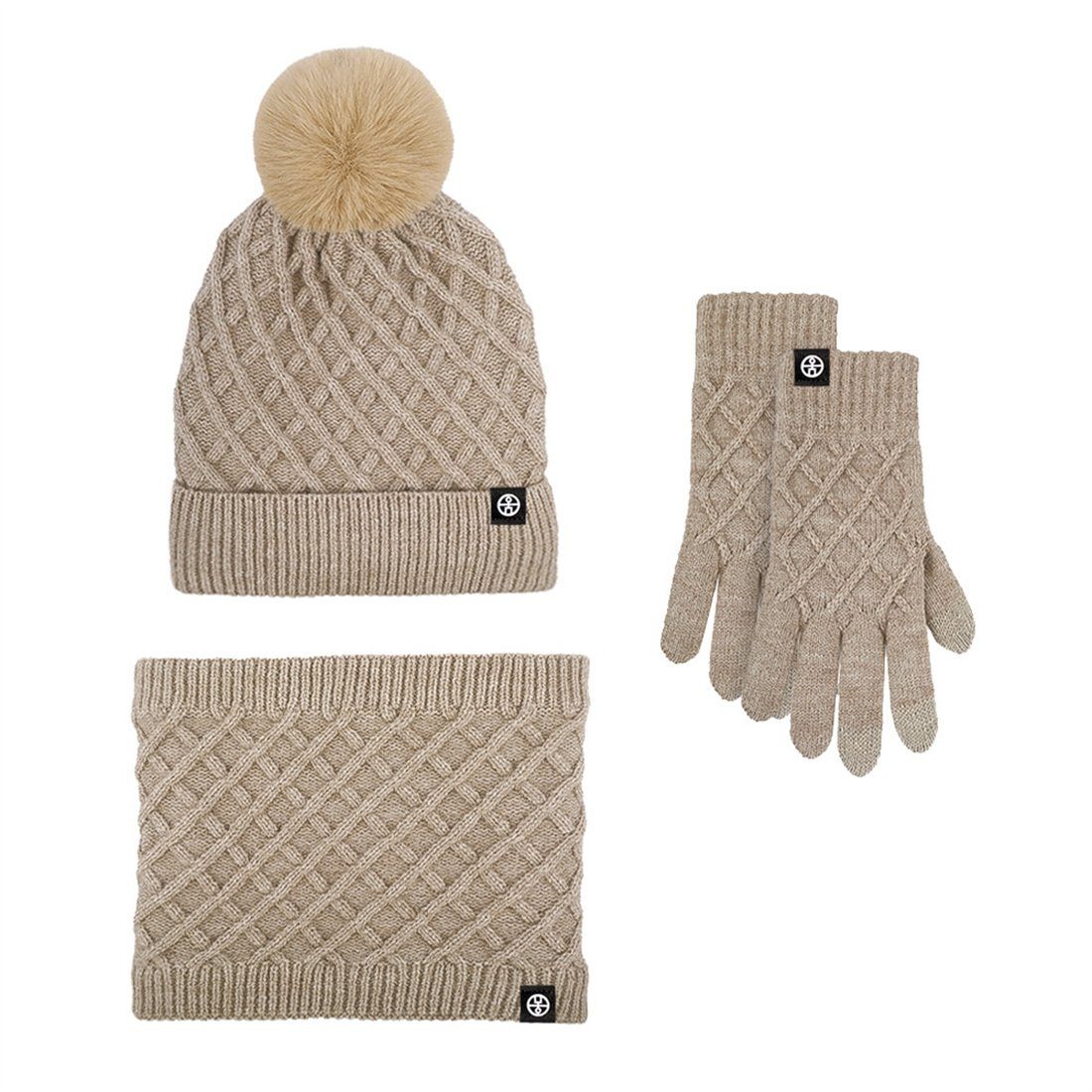 DÖRÖY Strickmütze Winter gepolstert Warm Mütze Schal Handschuhe 3 Stück, Warm Set khaki | Strickmützen