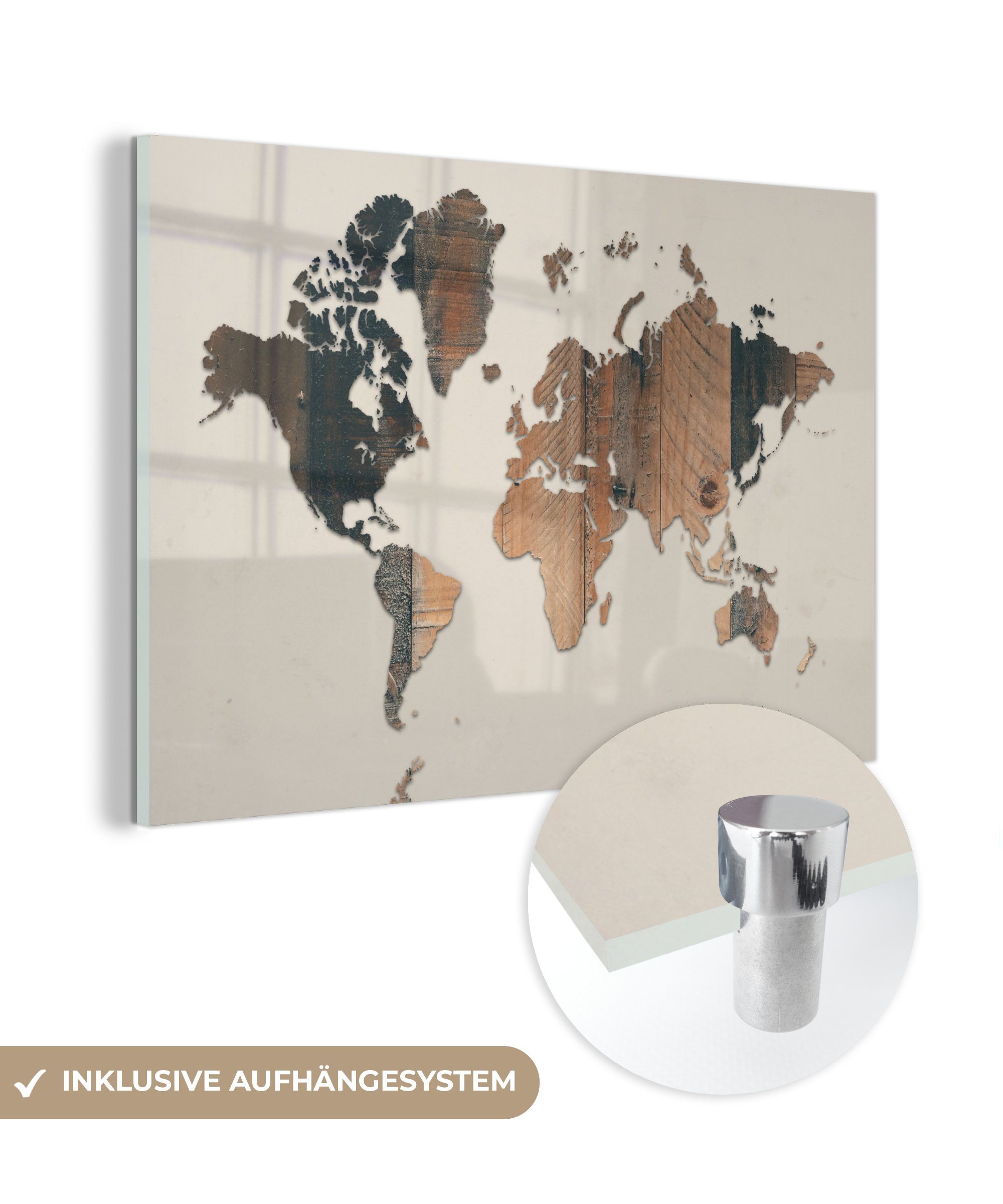 MuchoWow Acrylglasbild Weltkarte - Holz - Beige, (1 St), Glasbilder - Bilder auf Glas Wandbild - Foto auf Glas - Wanddekoration