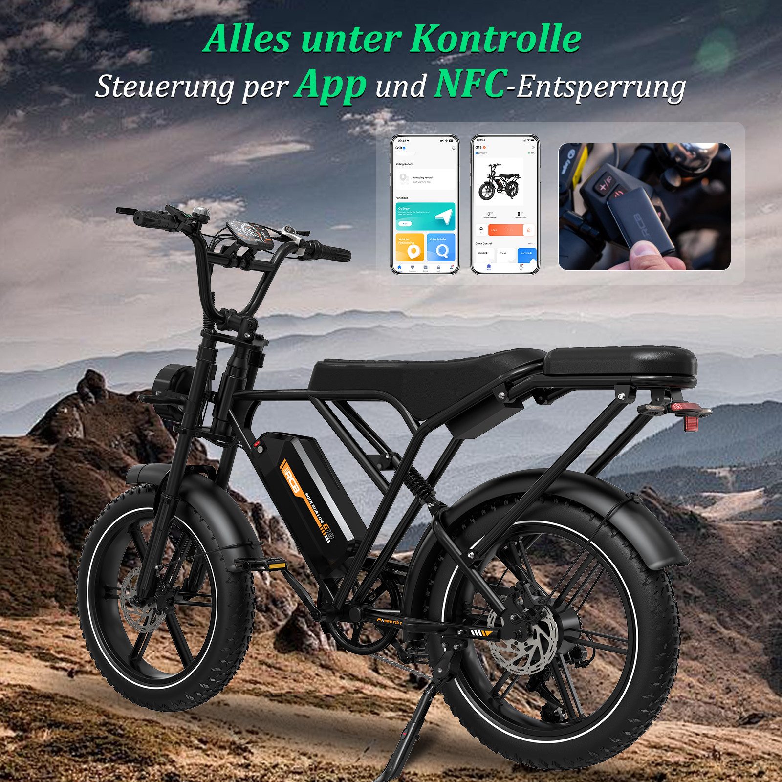 RCB E-Bike Pedelec G19, NFC&APP, 20.8Ah, 60–90 KM range, 20×4.0 inch electric bicycle, 7-speed, derailleur gears, 250W rear motor, 960 Wh