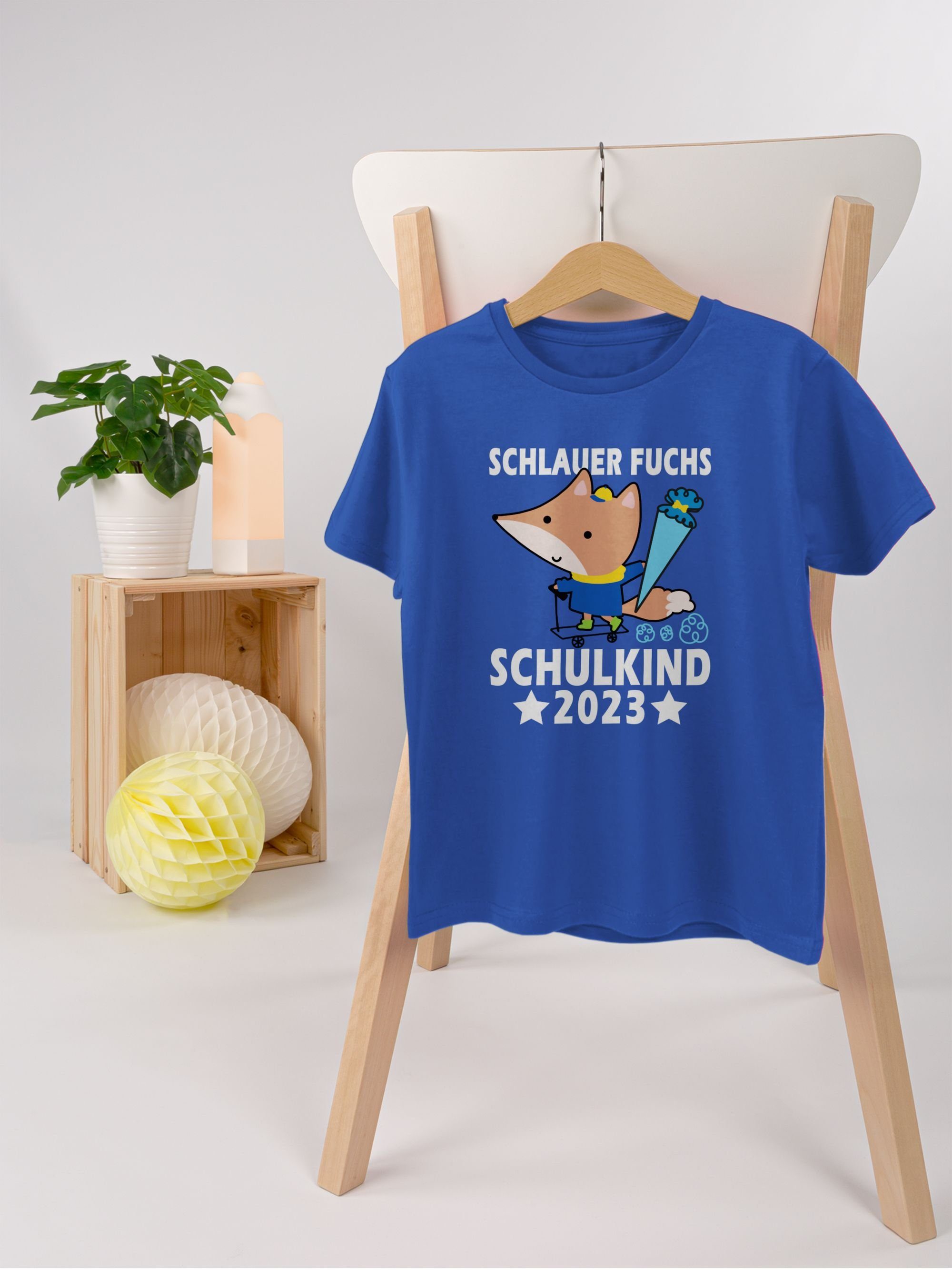 Schulkind Schulanfang Junge Geschenke Fuchs T-Shirt 2023 Schlauer 01 Einschulung Royalblau Shirtracer