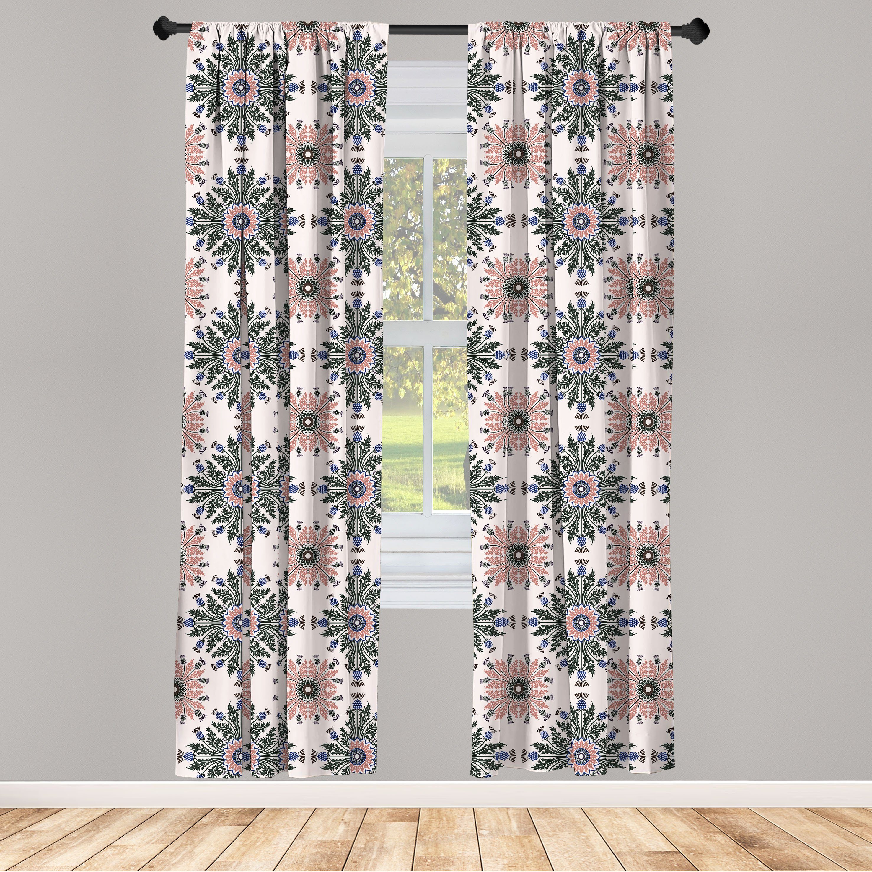Gardine Vorhang für Wohnzimmer Schlafzimmer Dekor, Abakuhaus, Microfaser, Distel Ornament Print | Fertiggardinen