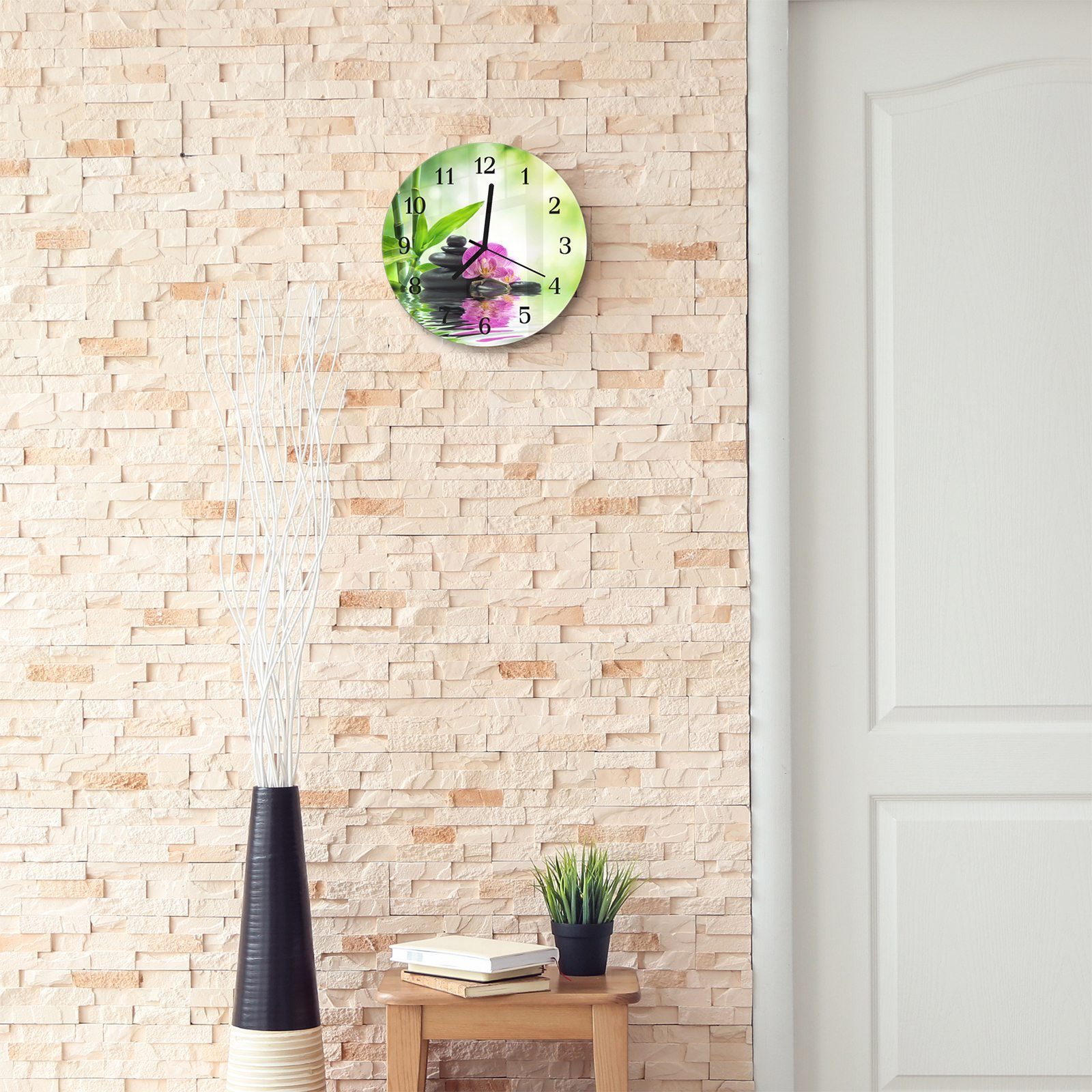 Steine und und Motiv Orchidee, Durchmesser Bambus Wanduhr Rund mit Quarzuhrwerk Wanduhr Primedeco Glas aus 30 cm - mit