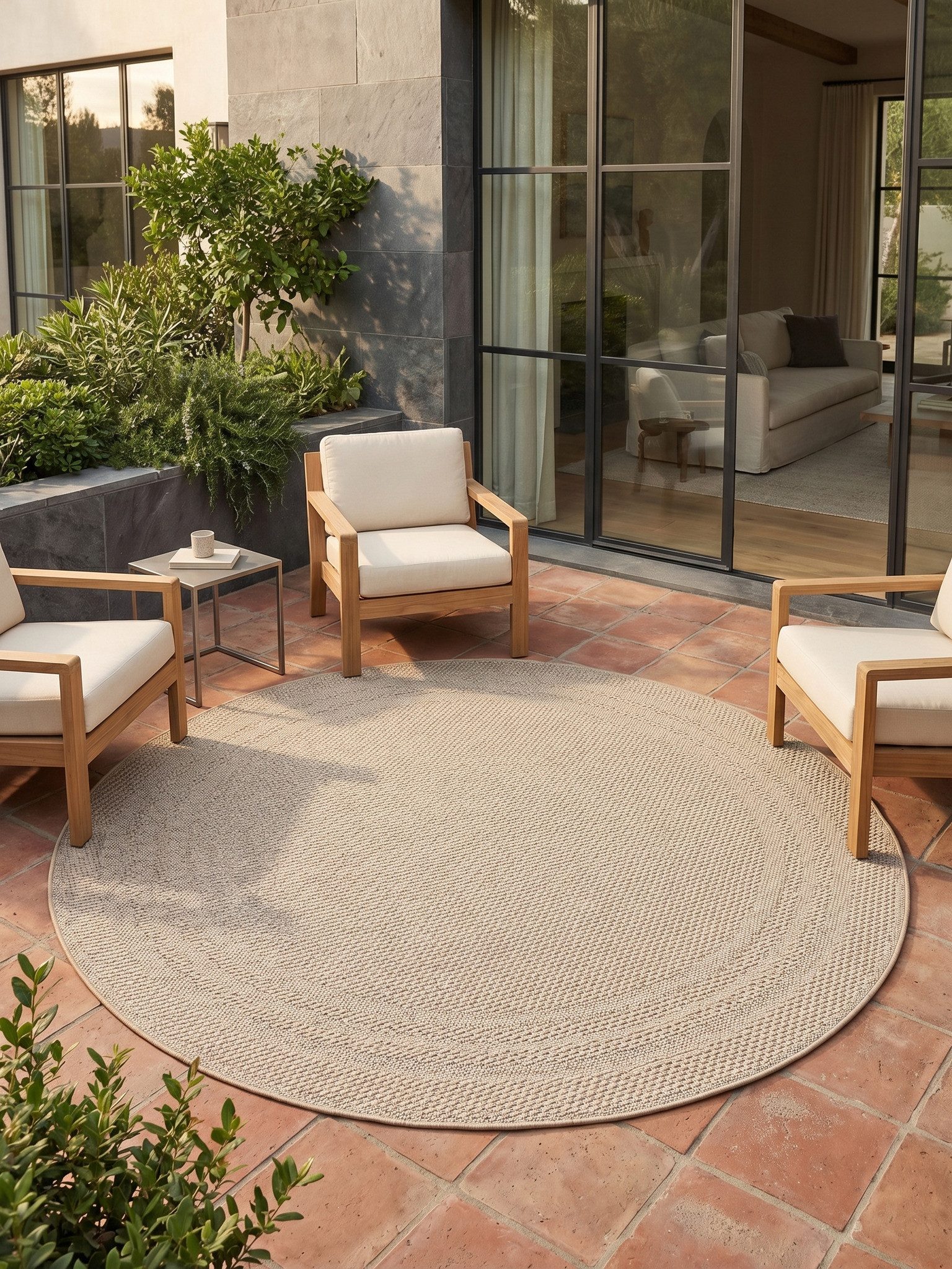KADIMA DESIGN Teppich Outdoor Teppich VENTOUX Bordüre Flachgewebe Balkon Küche Rund, Rund, Höhe: 5 mm, Beige, 80x80 cm, Outdoor Balkonteppich Terrasse Pflegelei – Bild 2 von 5