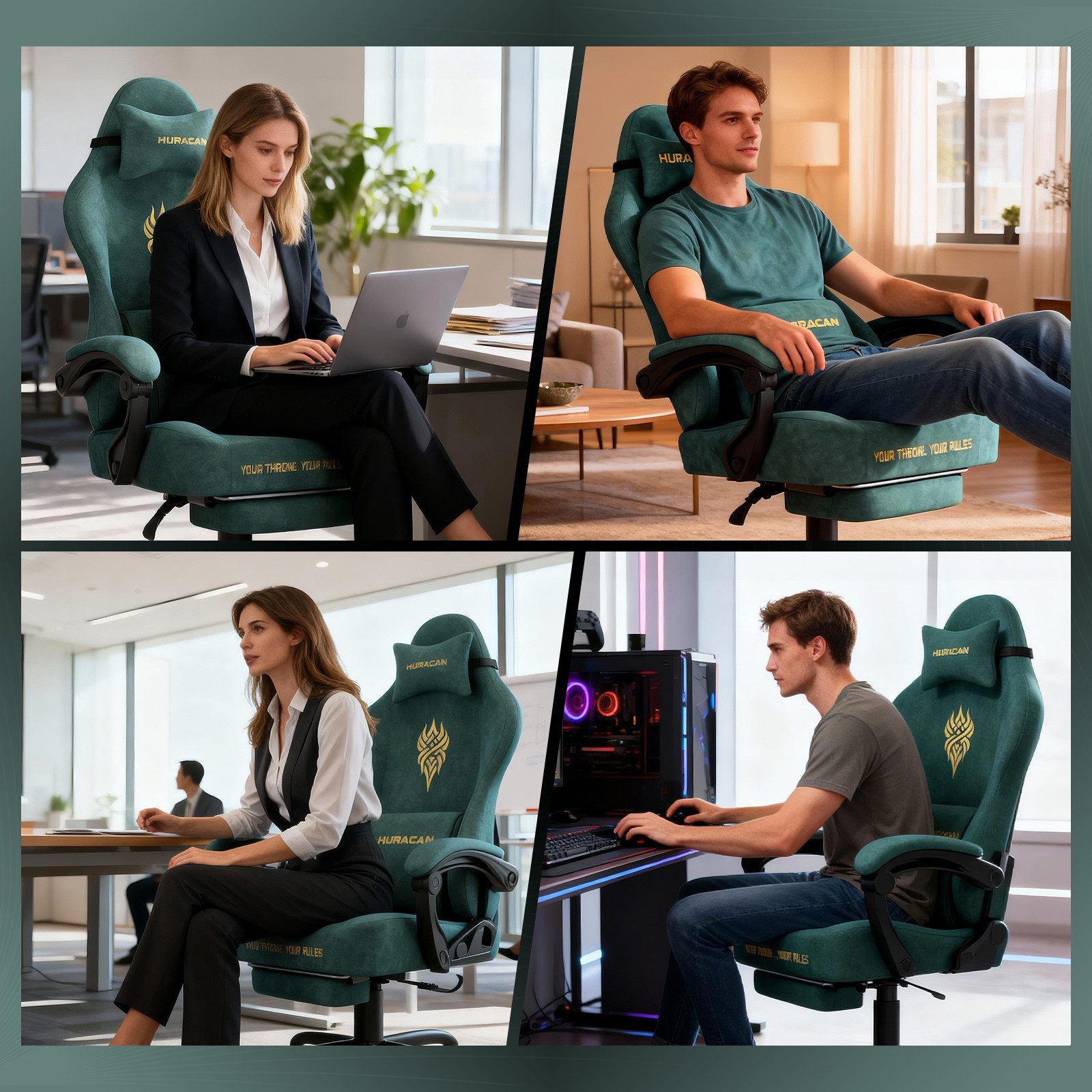 Huracan Gaming-Stuhl Massage Gaming Sessel mit Fußstütze 90-135° Rückenlehne einstellbar, Bürostuhl Ergonomisch,Verstellbarem Lenden- & Kopfkissen,mit Fußstütze