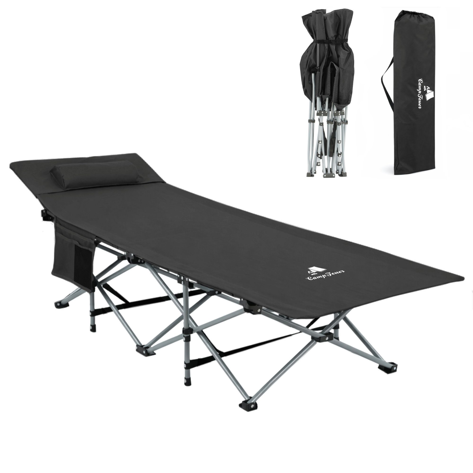 CampFeuer Campingliege Campingbett mit Kopfkissen, Schwarz, bis 150 kg, 187 x 67 x 48 cm