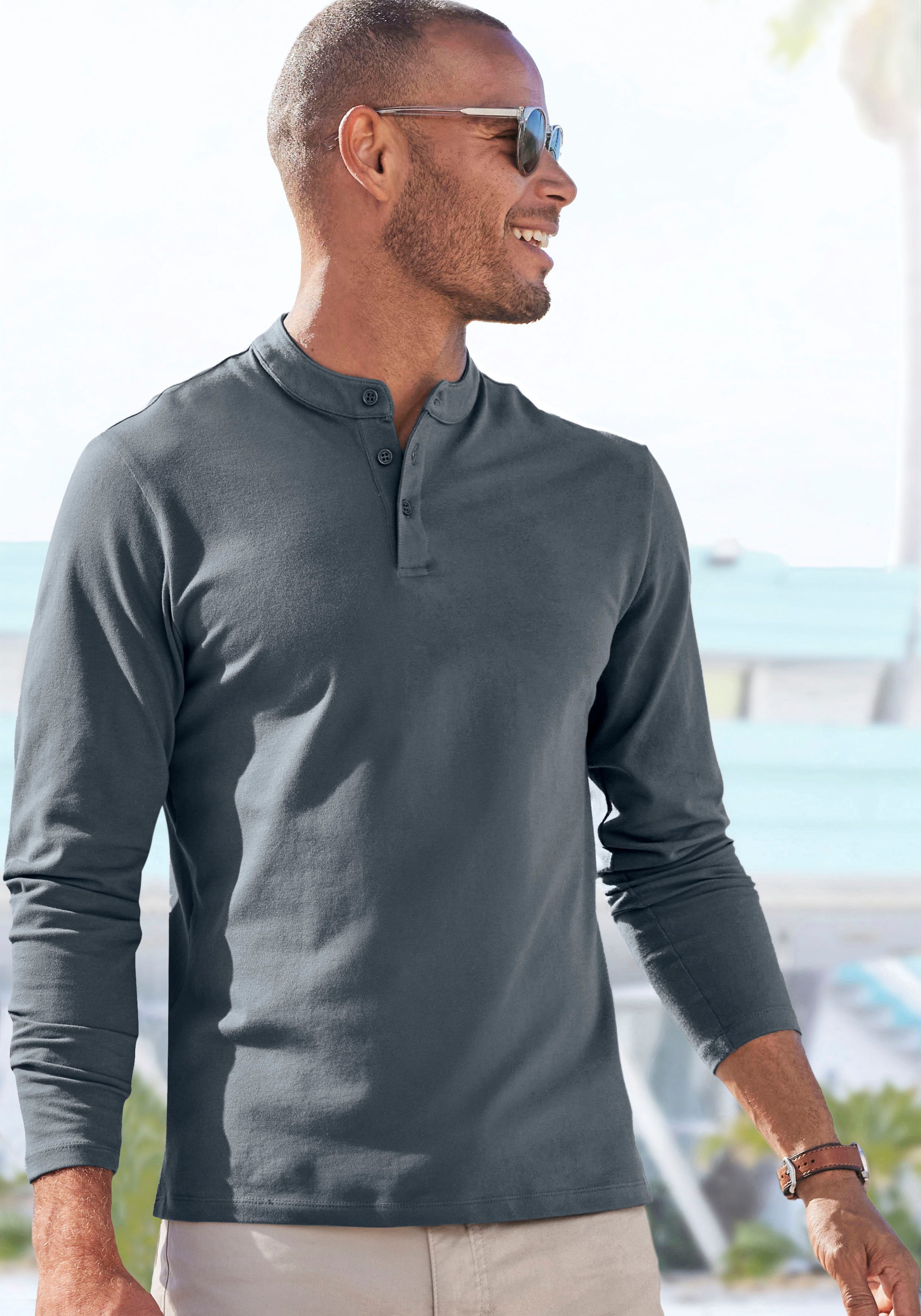 John Devin Henleyshirt mit Stehkragen Regular-Fit, aus Baumwoll-Piqué