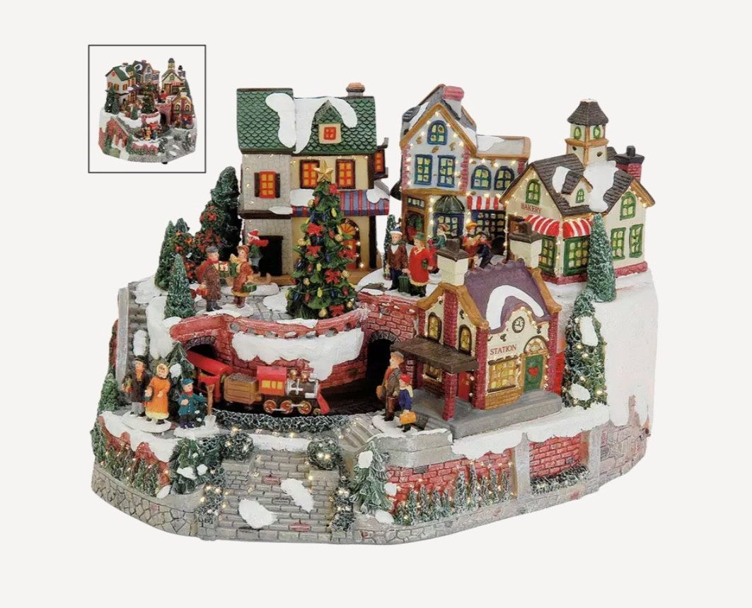 Seyila Home Dekofigur Winterdorf-Szene mit Licht, beweg. Zug aus Poly,Advent & Weihnachten