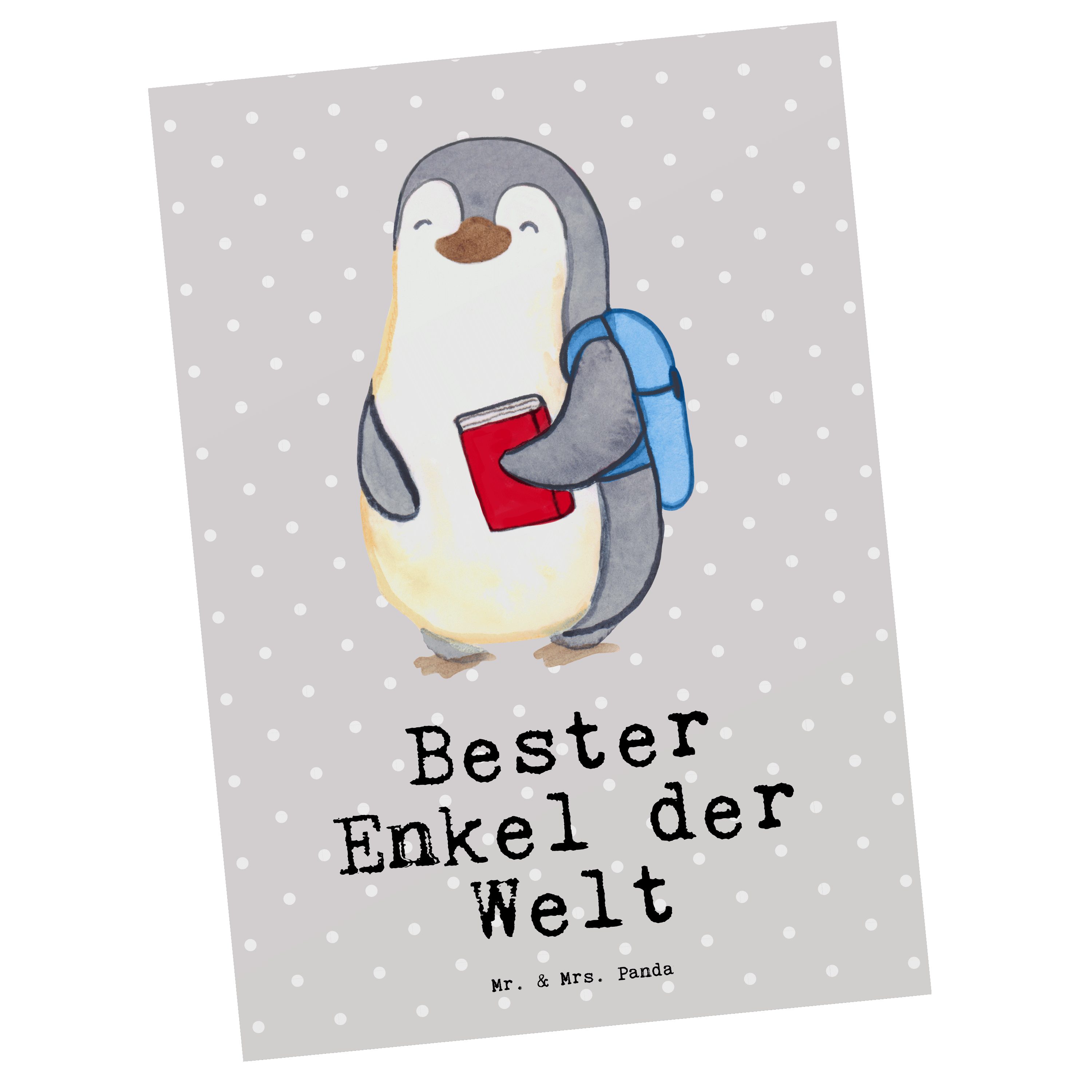 Mr. & Mrs. Panda Postkarte Pinguin Bester Enkel der Welt - Grau Pastell - Geschenk, Karte, Gesch