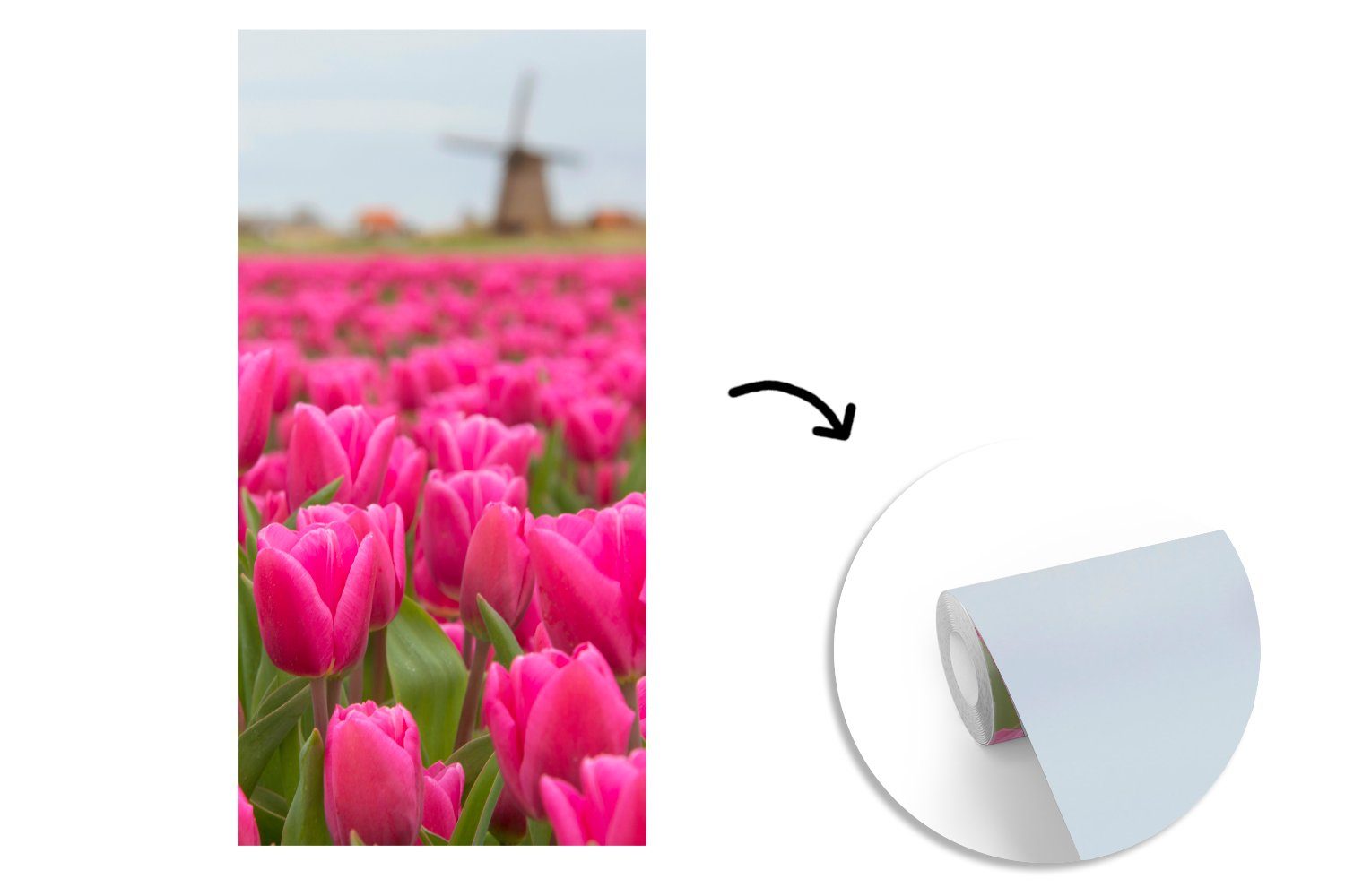 MuchoWow Fototapete Rosa Tulpen und Wohnzimmer Windmühle, Matt, Schlafzimmer Küche, Fototapete St), für Vliestapete (2 bedruckt