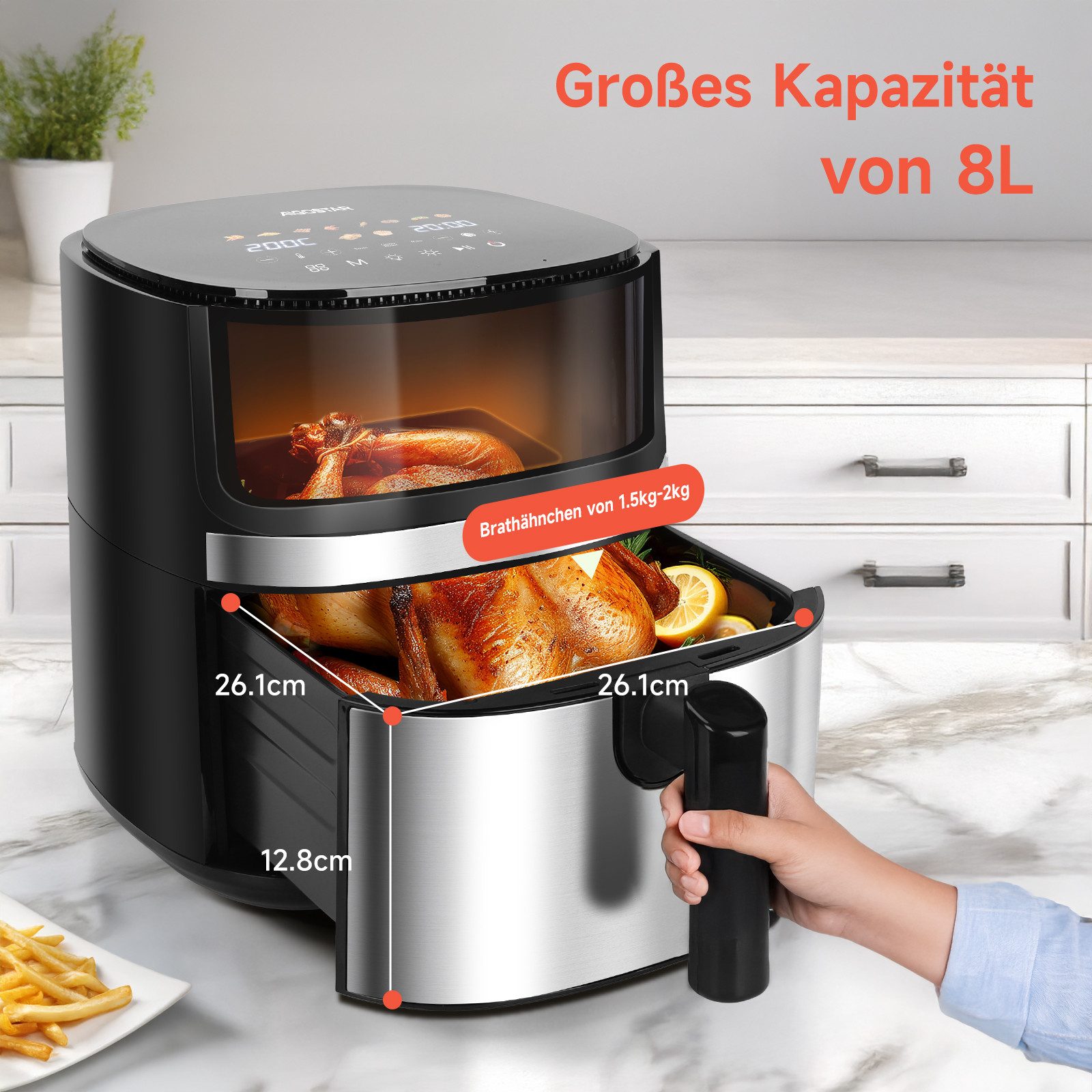 Aigostar Heißluftfritteuse Dual Blaze™ Heißluftfritteuse XXL, 8L Air Fryer 2000W mit Sichtfenster, 10 Programme, 3 Kochfunktionen, 2000 W, Sichtfenster, Digitalem Led Touchscreen, Spülmaschinenfeste Körbe