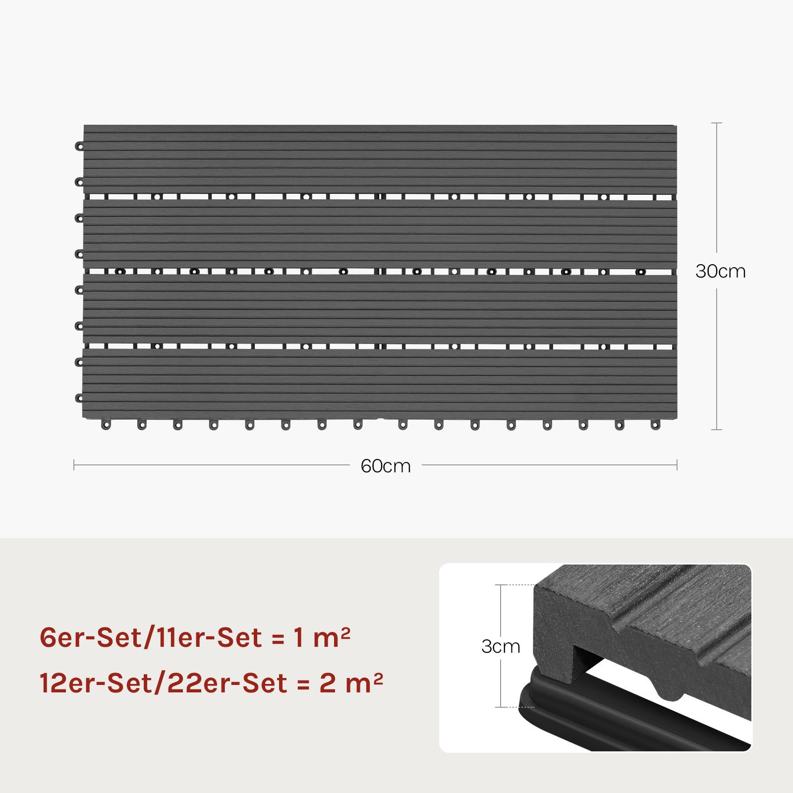 Woltu WPC-Fliesen, 12 St., Terrassendielen Holz-Optik 30x60cm mit klicksystem