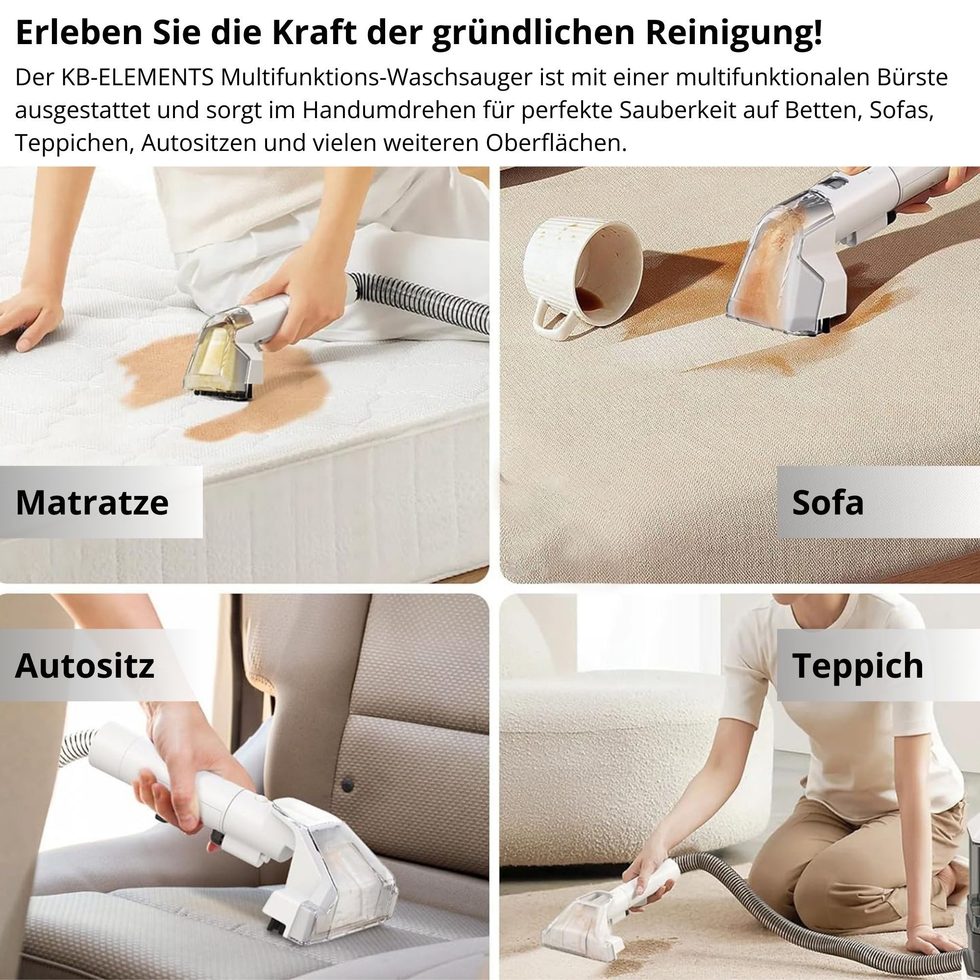 KB Elements Wasch-Sauger Teppichreinigungsgerät, Polsterreiniger gerät, Waschsauger, ELK223VSW, 750,00 W, Beutellos, Fenster- und Fliesenaufsatz, 750 Watt, 5 Meter Kabellänge