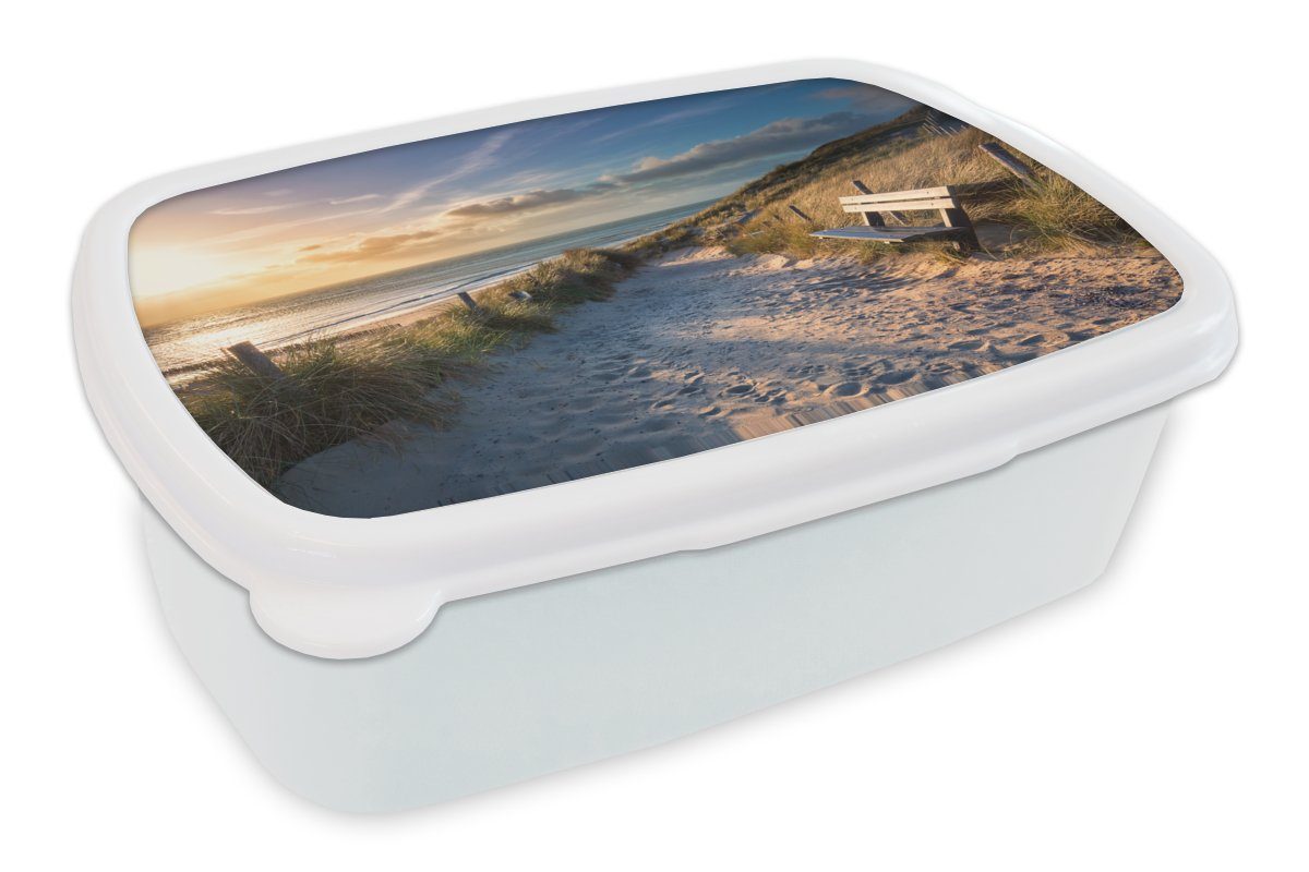 - Sonnenuntergang Lunchbox Brotbox Bank, für - Jungs für weiß - Mädchen Strand und und Gras - Brotdose, (2-tlg), Kunststoff, Kinder Erwachsene, MuchoWow Düne