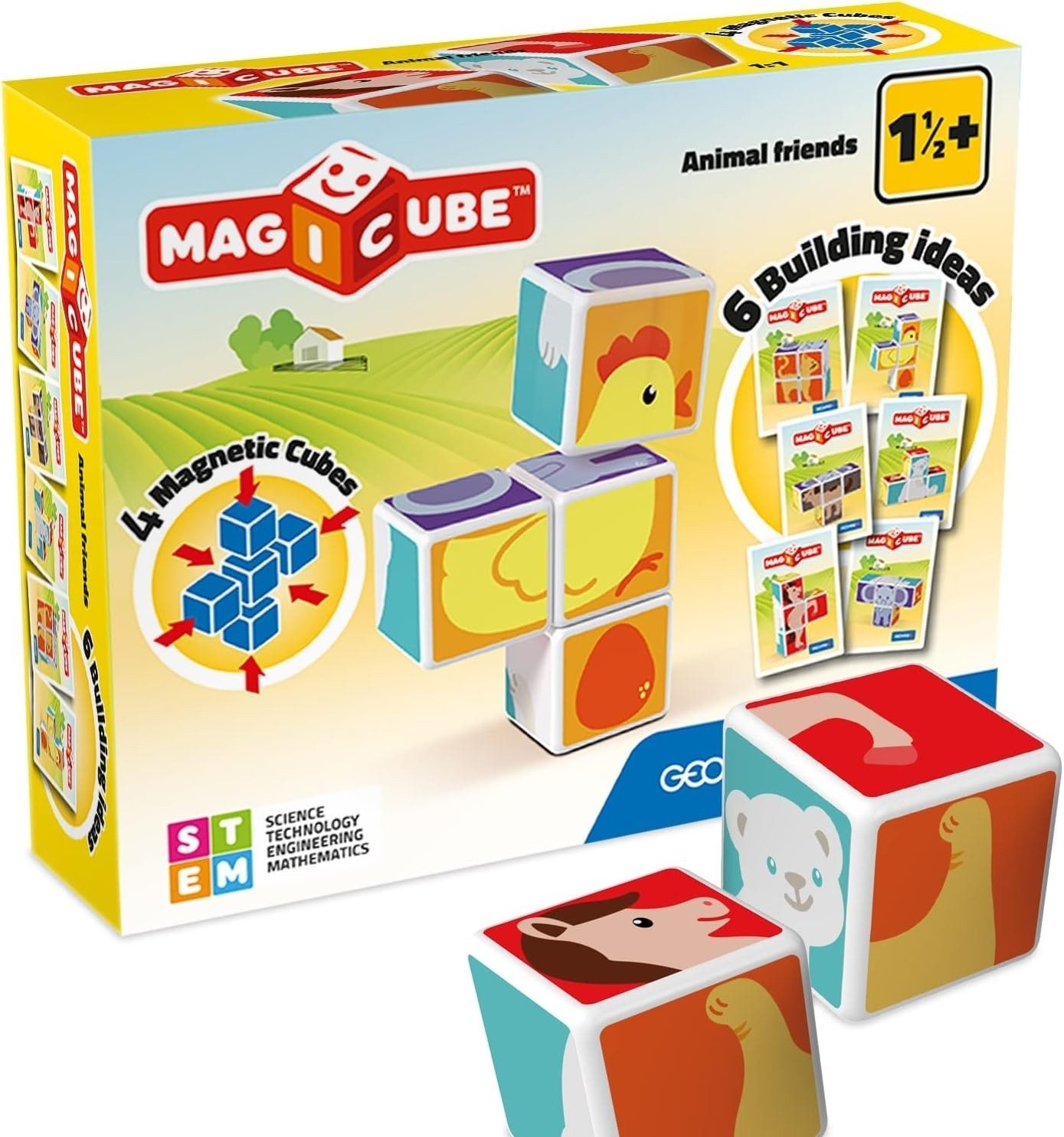 Geomag™ Lernspielzeug 132 - 7tlg. magnetisches Konstruktionsspielzeug mit 4 Magnetwürfel, 4 magnetische Würfel zum puzzeln, Farben und Tiere erkennen