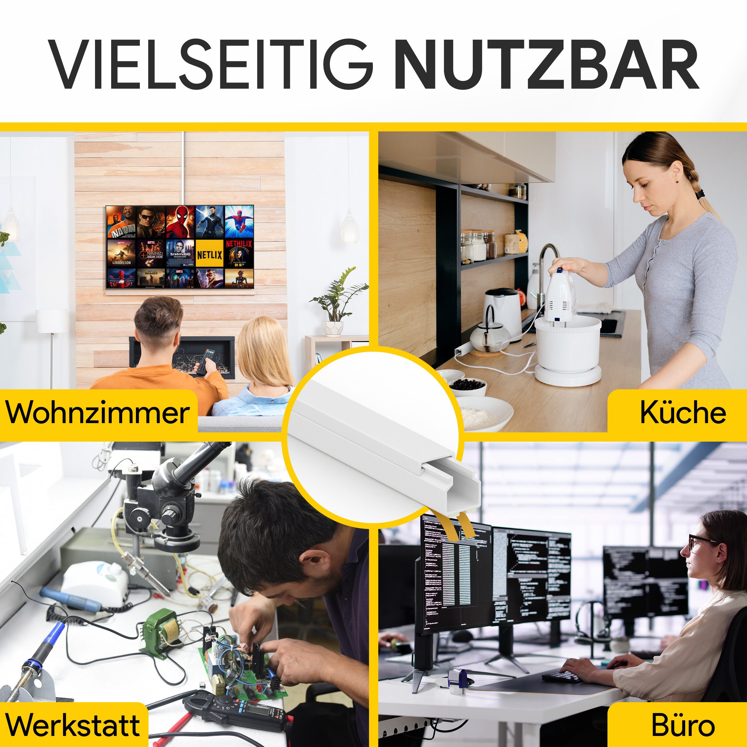tktrading24 Kabelkanal Kabelleiste aus robustem PVC weiß Selbstklebend 2m - diversen Größen