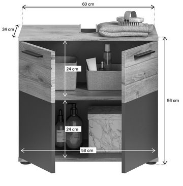 furnling Waschbeckenunterschrank Moskau 60 x 56 x 34 cm, in Eiche/Grau mit Softclose-Funktion, Unterschrank Bad