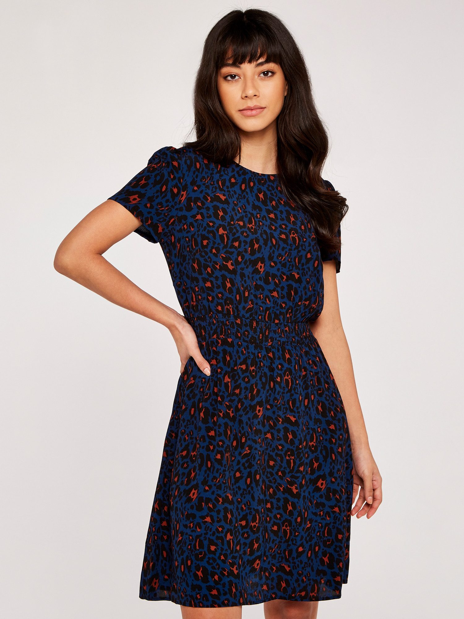 Apricot Minikleid Shirred Waist Short Sleeve Dress mit Druck günstig online kaufen