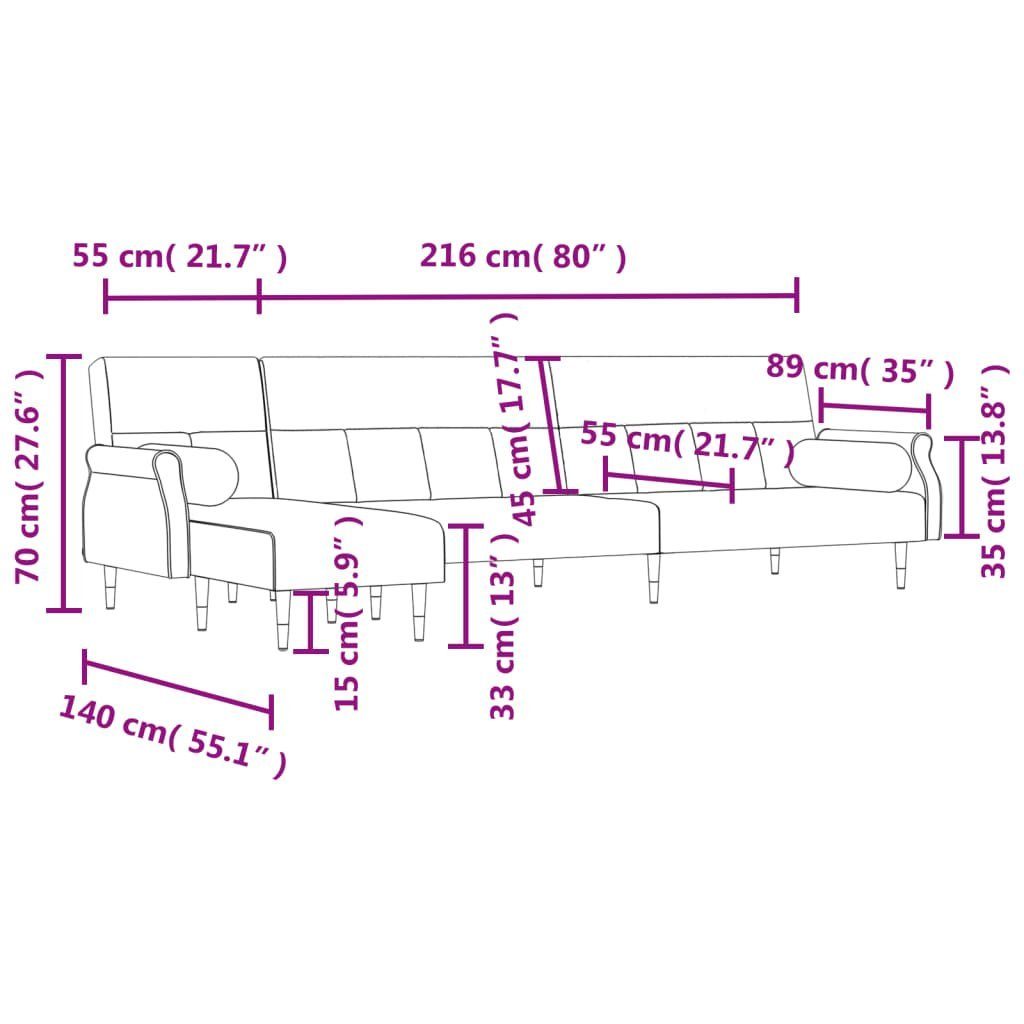 vidaXL in 271x140x70 Dunkelgrau Samt Schlafsofa L-Form cm Sofa