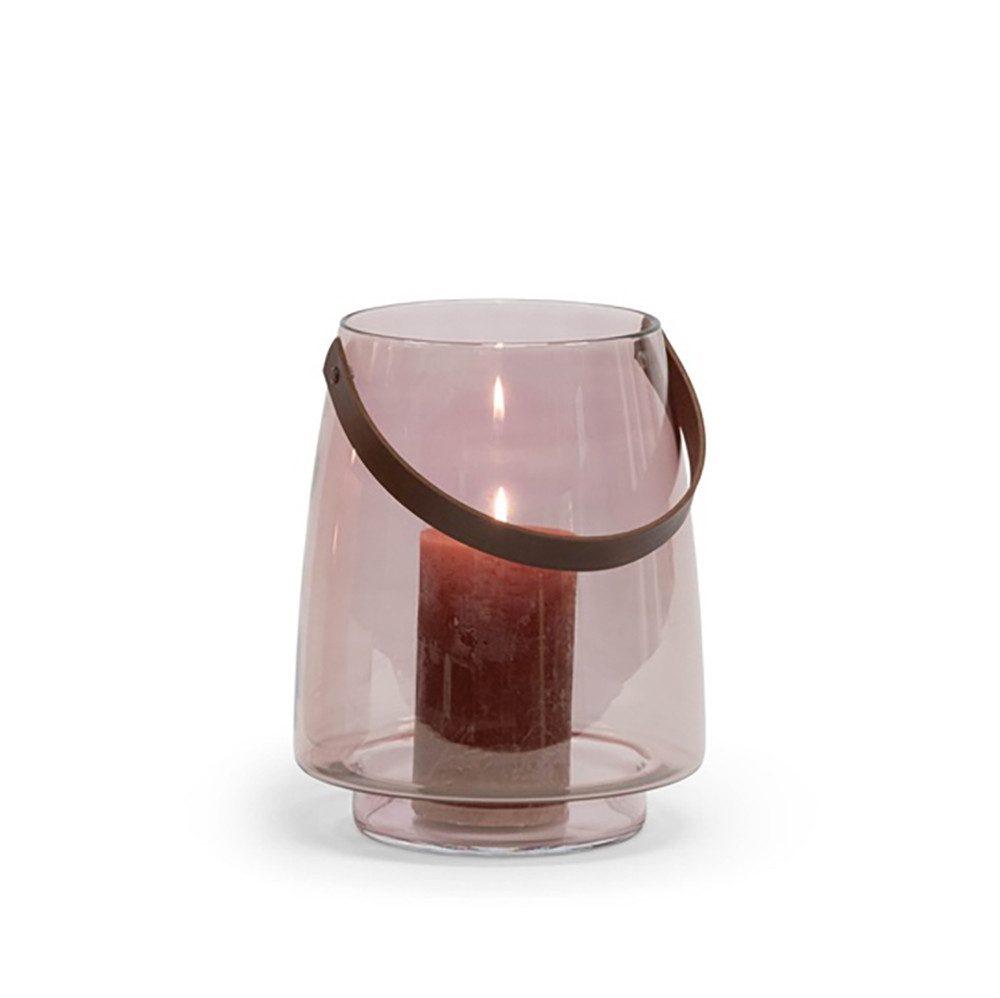 coco+cozy Bodenwindlicht Windlicht Linnea L/L Ø 22,5x28cm, mundgeblasenes Glas, mundgeblasen, Designobjekt, Henkel aus Leder