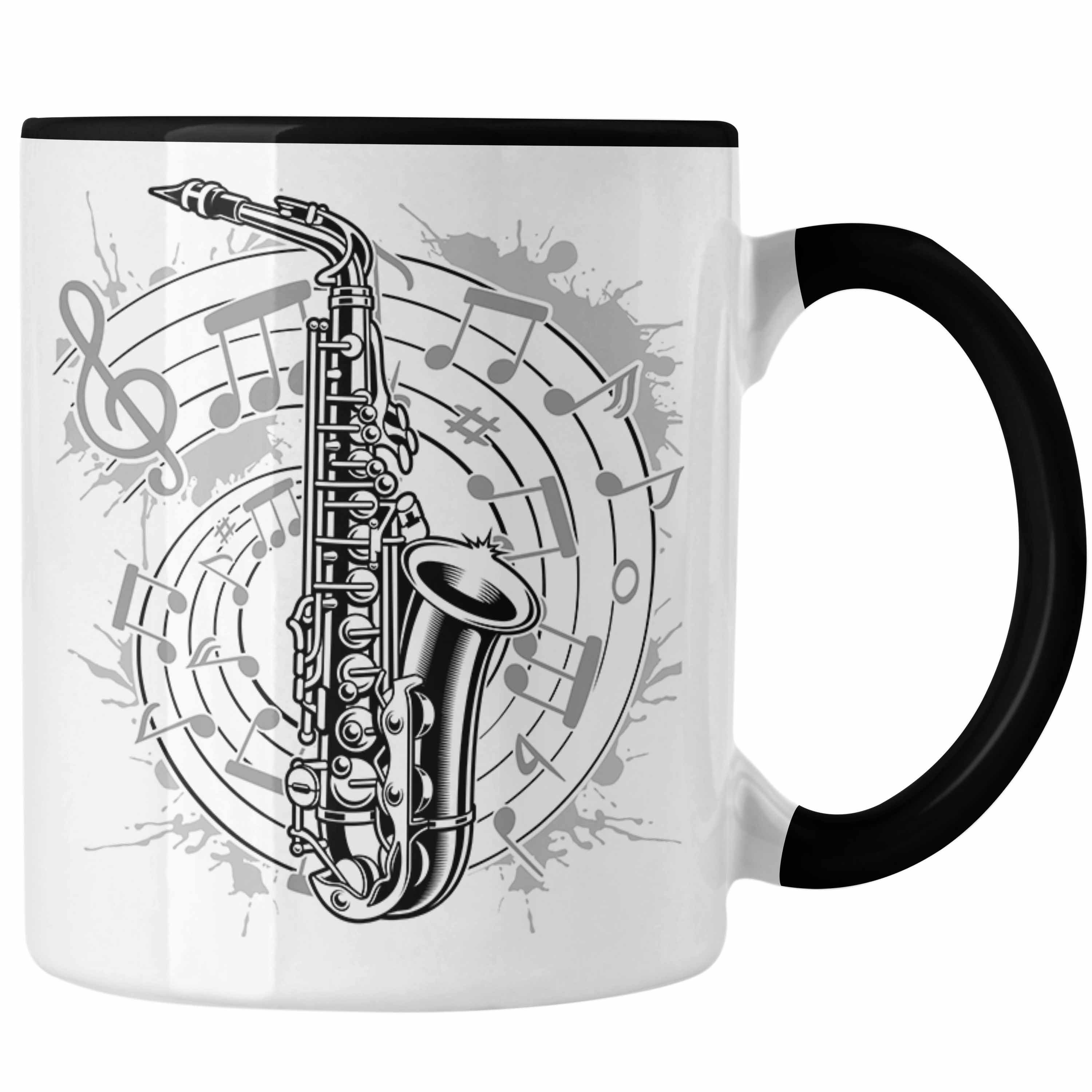 Trendation Tasse Saxophon Musik Noten Jazz Musikinstrument Saxophon-Spieler Tasse Schwarz