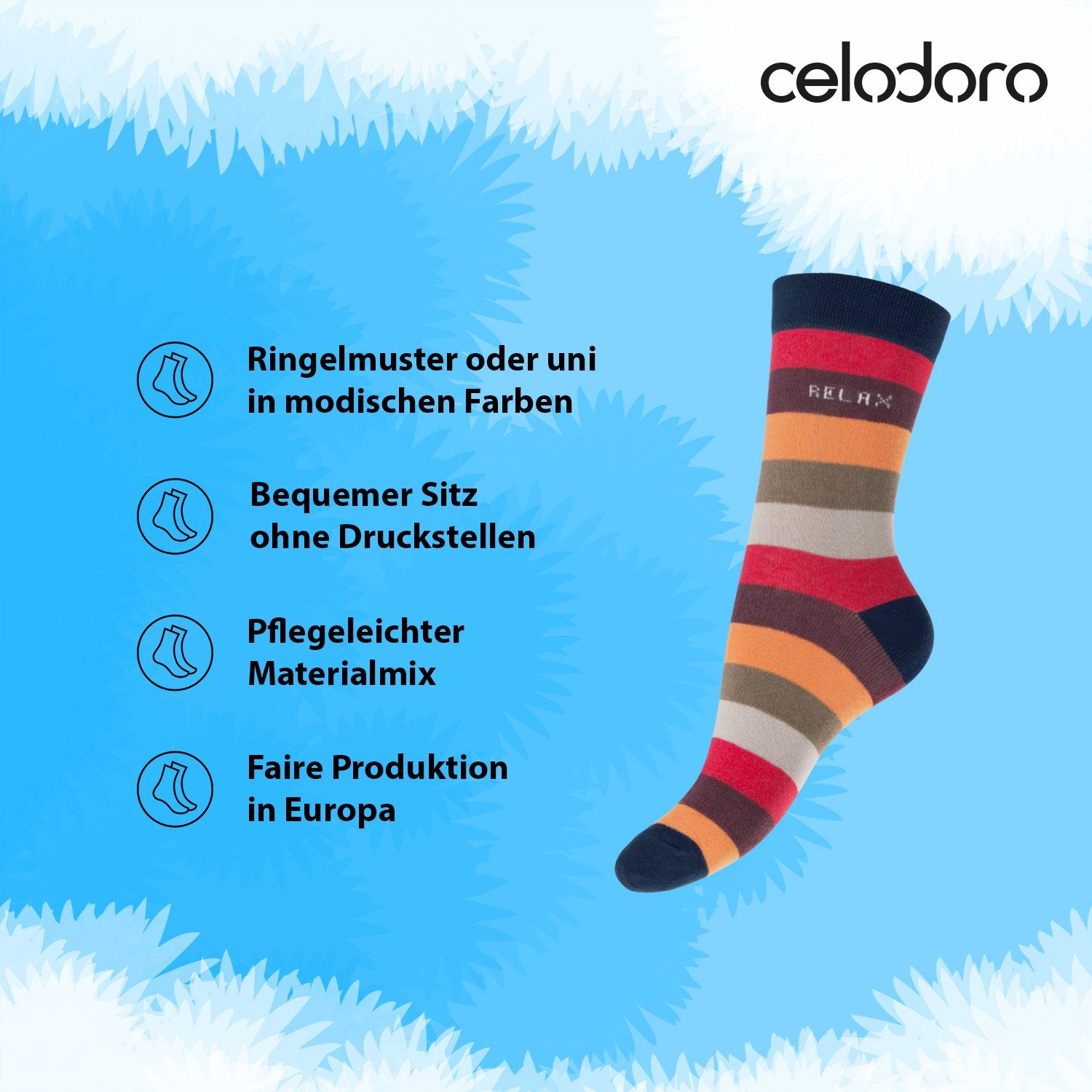 Multicolor Damen Socken Ringel-/Blockstreifen & mit Komfortbund (8 Basicsocken celodoro Paar)