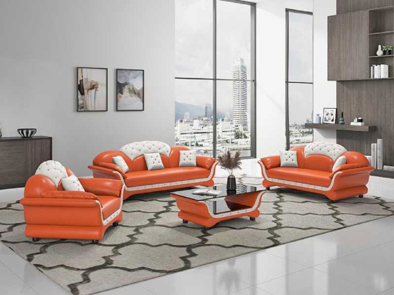 (3-St., Sessel), 3tlg Komplette Nur Sitzer Sofagarnitur JVmoebel Wohnzimmer-Set Sofa Sofas, Made Sofa + 2+3 Couchgarnitur Orange Europe in Ledersofa