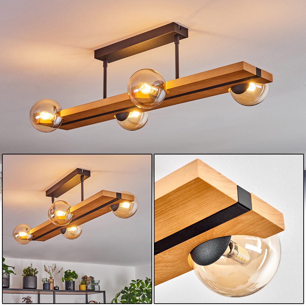 hofstein Deckenleuchte Deckenlampe aus Metall/Holz/Riffelglas in günstig online kaufen