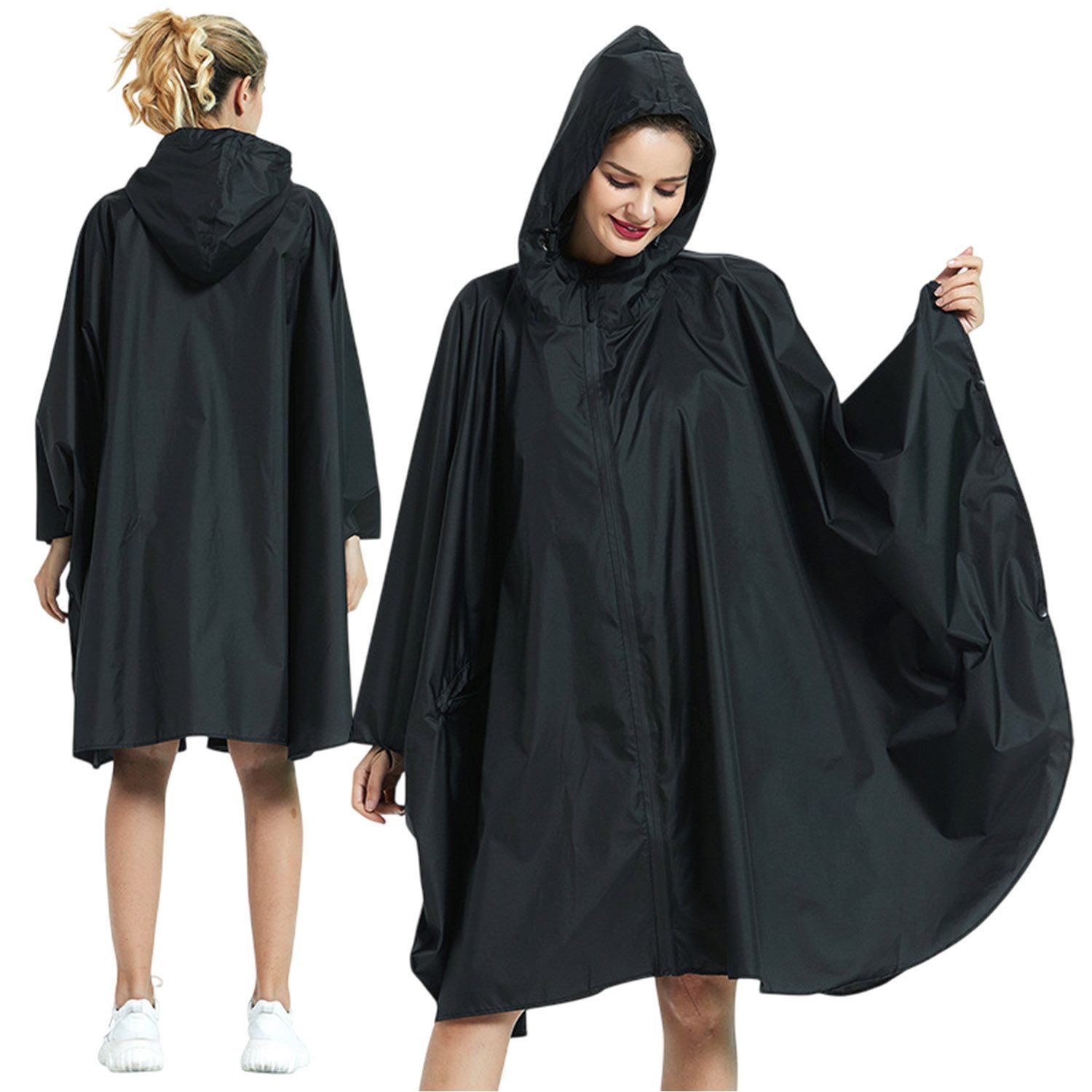 Refttenw Regenjacke Regen Poncho Jacke Mantel,Regencape mit Kapuze,Seitentaschen