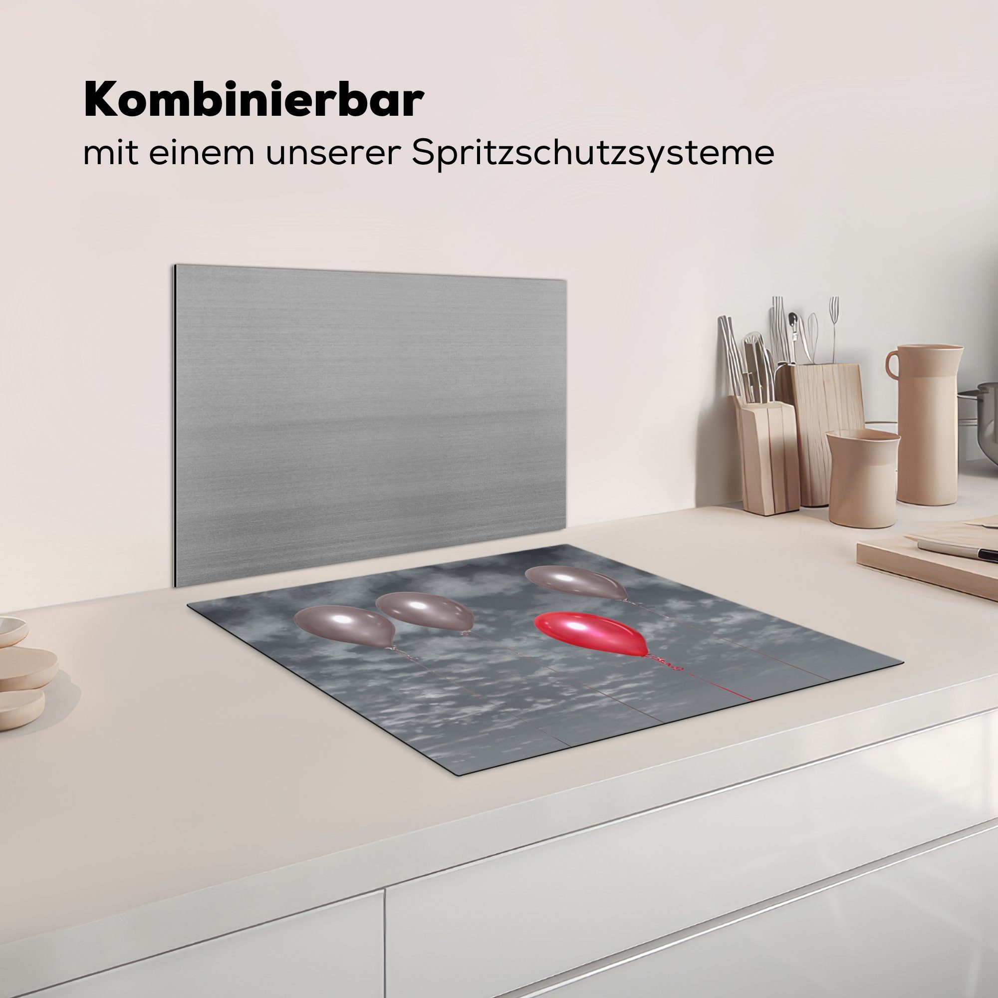 MuchoWow Vinyl, tlg), Mobile grauen mit und einem nutzbar, cm, Herdblende-/Abdeckplatte 60x52 roten, Arbeitsfläche (1 Schwarz-Weiß-Foto Ein Luftballons Ceranfeldabdeckung drei