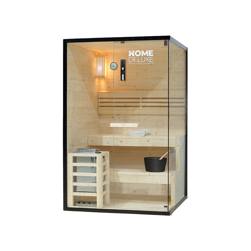 HOME DELUXE Sauna SHADOW M, BxTxH: 120 x 120 x 190 cm, 44 mm, (inkl. 3,6 kW Saunaofen & komplettem Zubehör) für 2 Personen, Hochwertiges Fichtenholz, Traditionelle Sauna